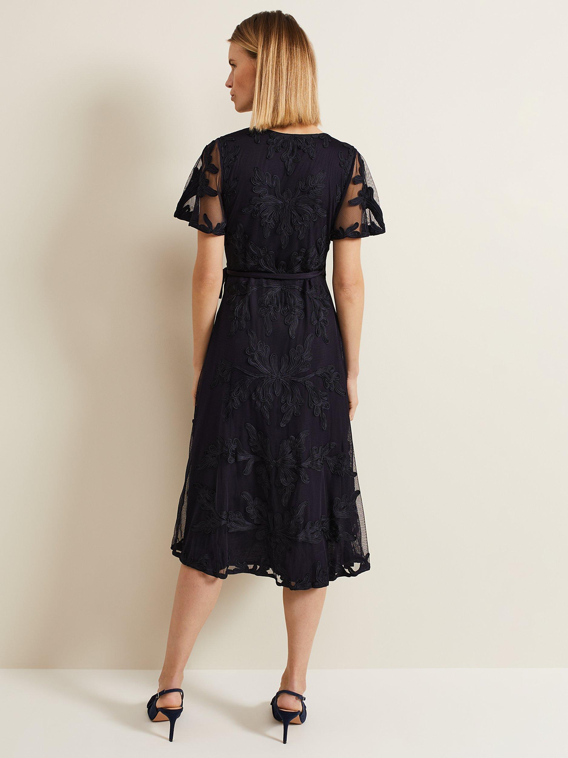 Product image 2 of 7, which shows Phase Eight Clara Tapework Wrap Midi Dress, Navy, 8