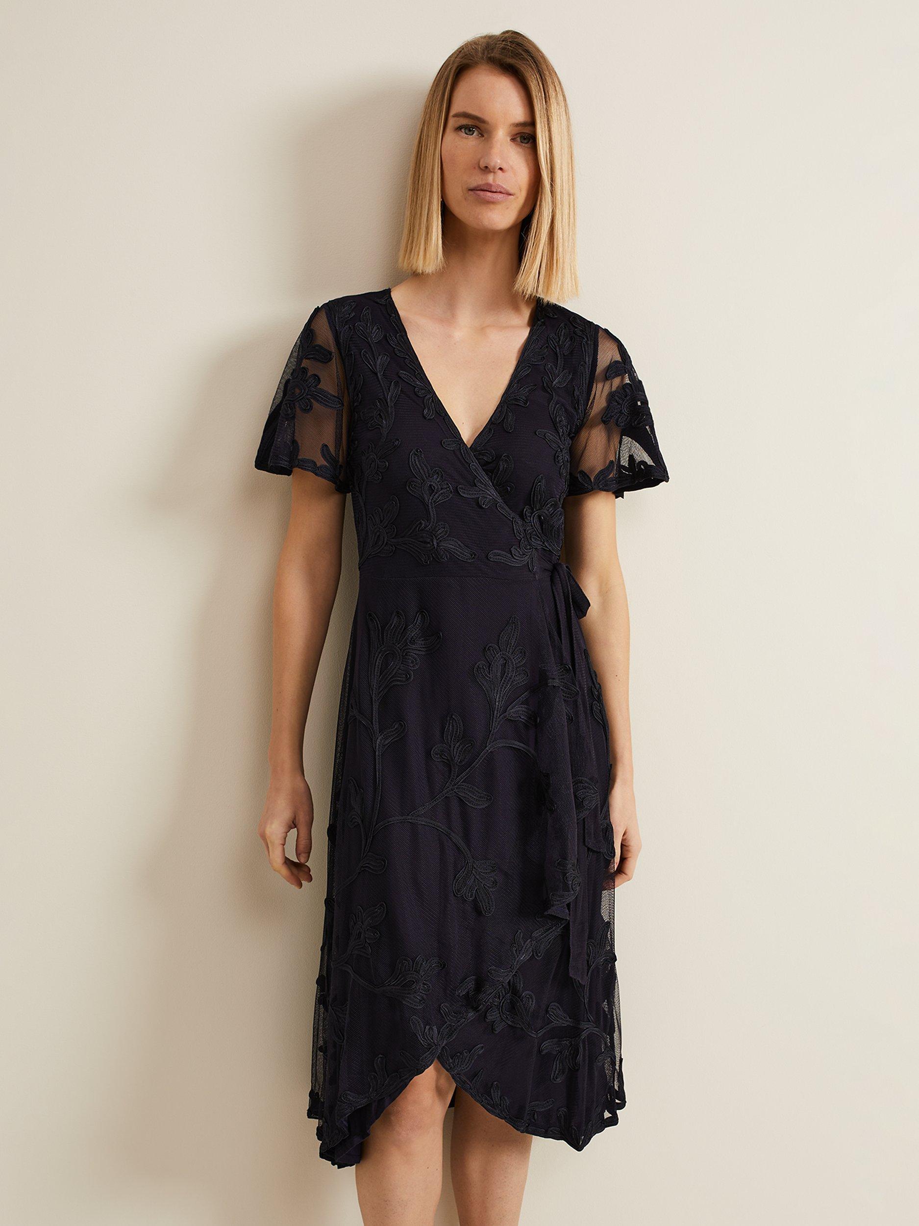 Product image 3 of 7, which shows Phase Eight Clara Tapework Wrap Midi Dress, Navy, 8