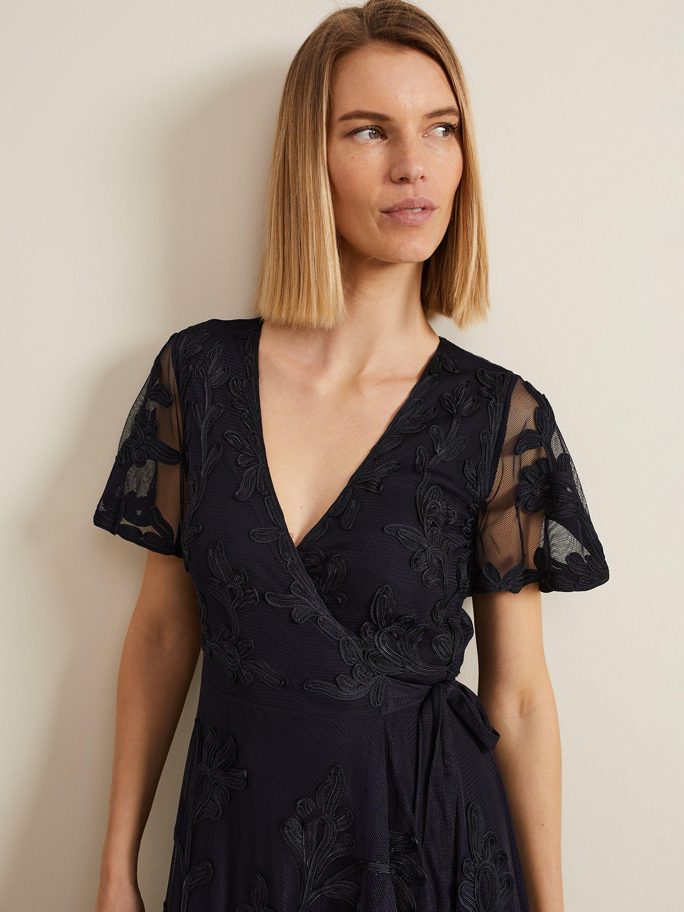 Product image 4 of 7, which shows Phase Eight Clara Tapework Wrap Midi Dress, Navy, 8