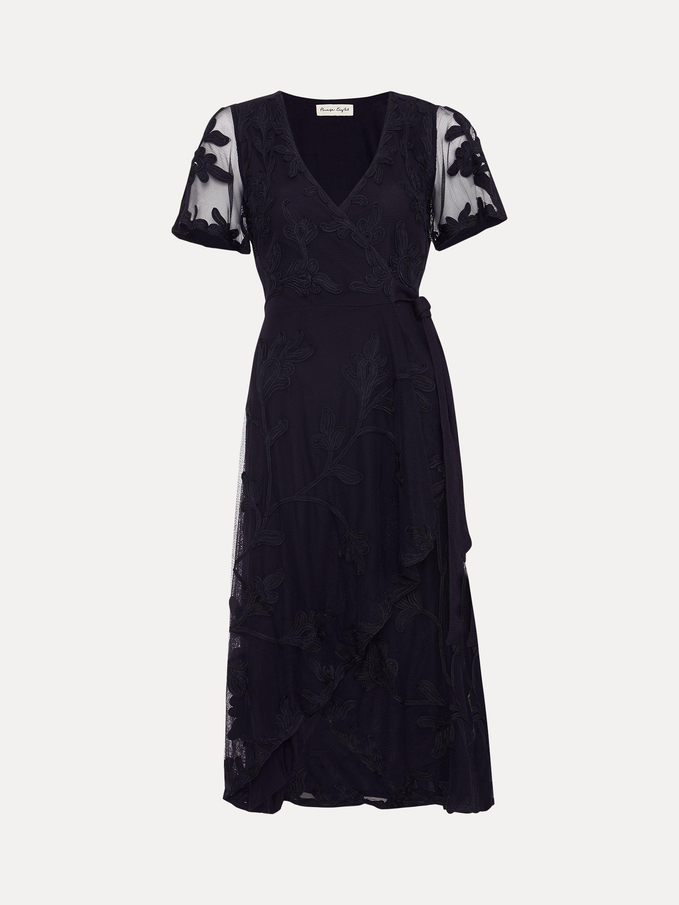 Product image 5 of 7, which shows Phase Eight Clara Tapework Wrap Midi Dress, Navy, 8