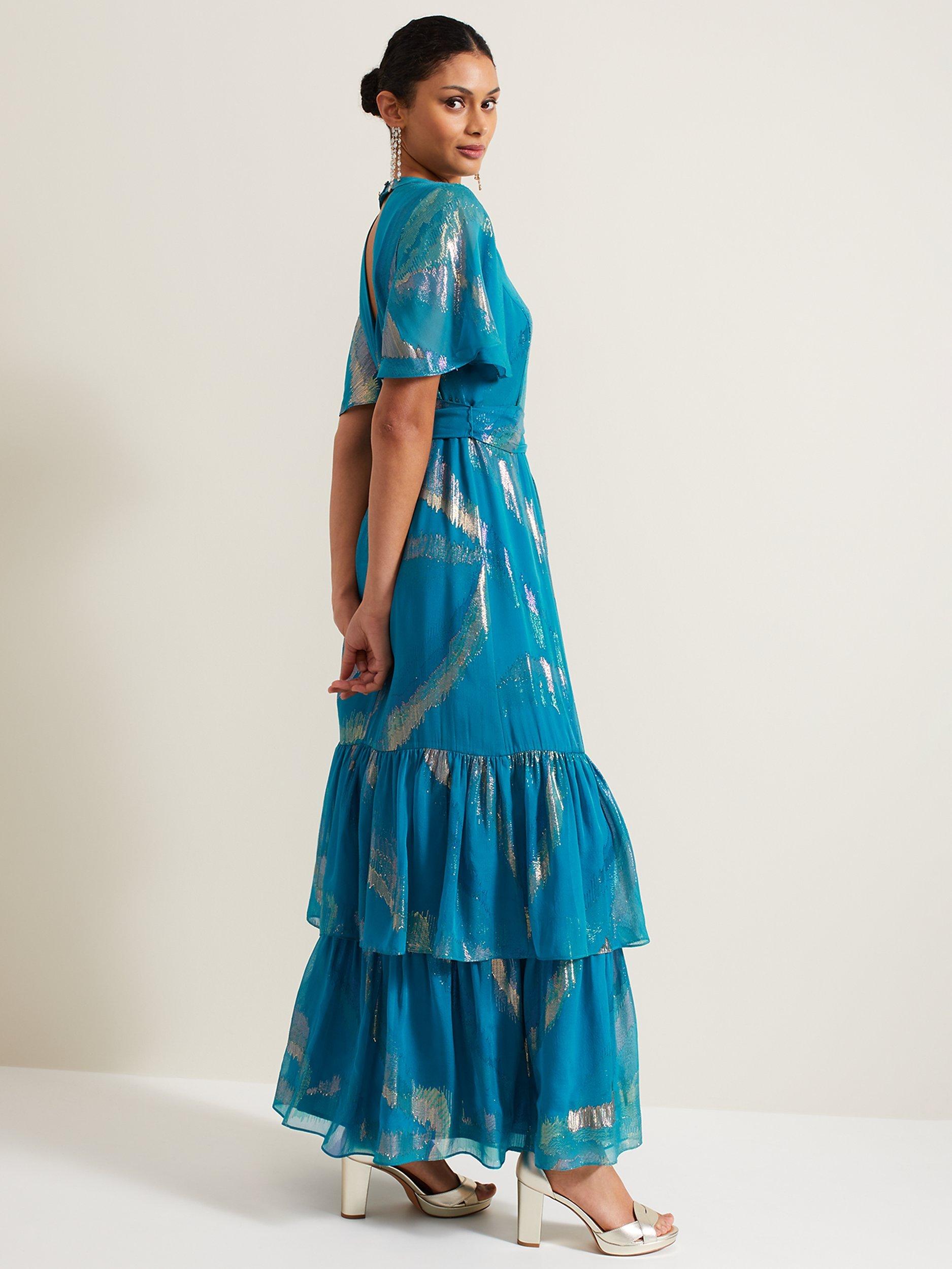 Product image 3 of 5, which shows Phase Eight Collection 8 Charissa Silk Maxi Dress, Blue/Gold, 6