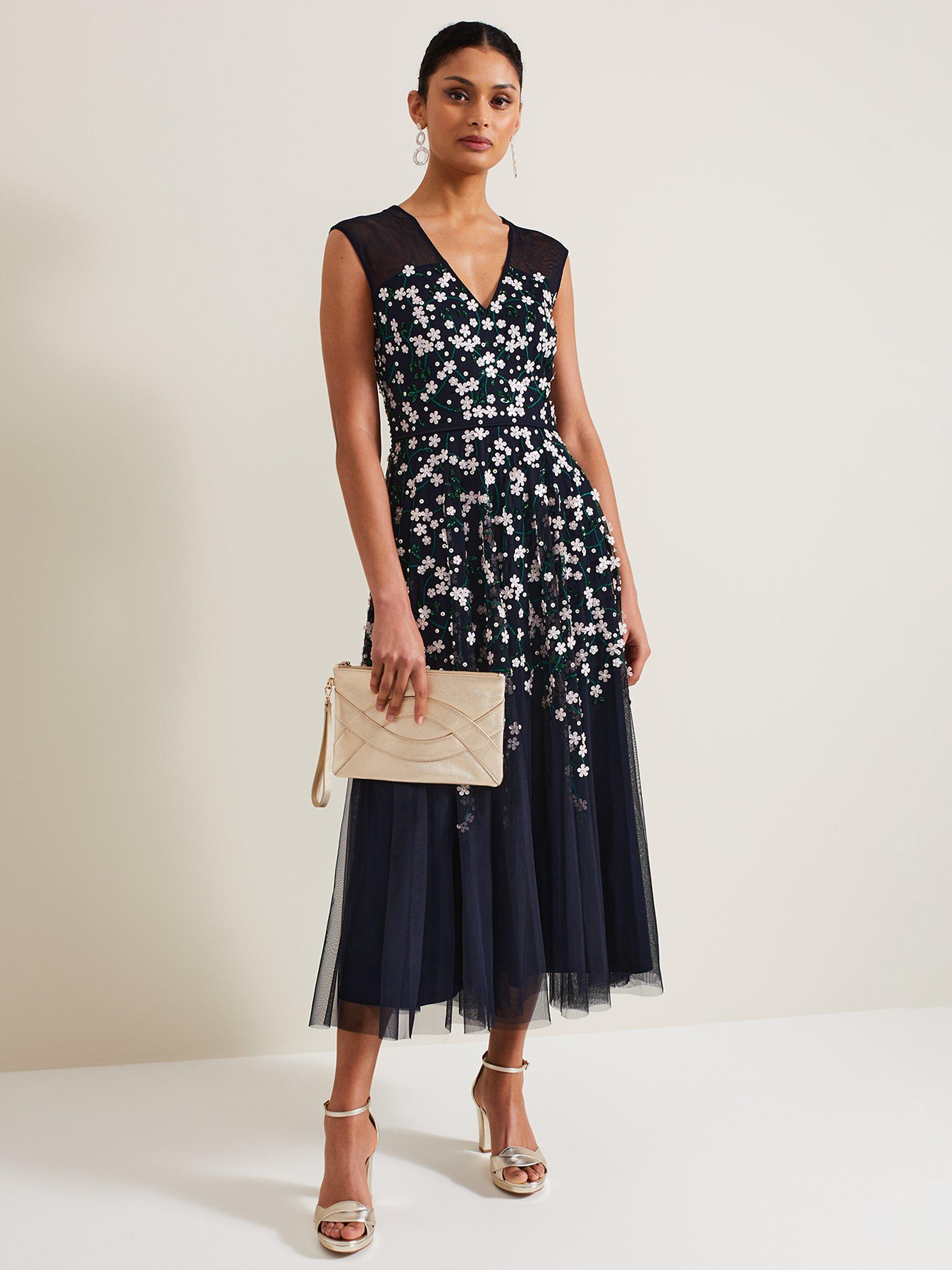 Phase Eight Floral Beaded Midi Dress Navy