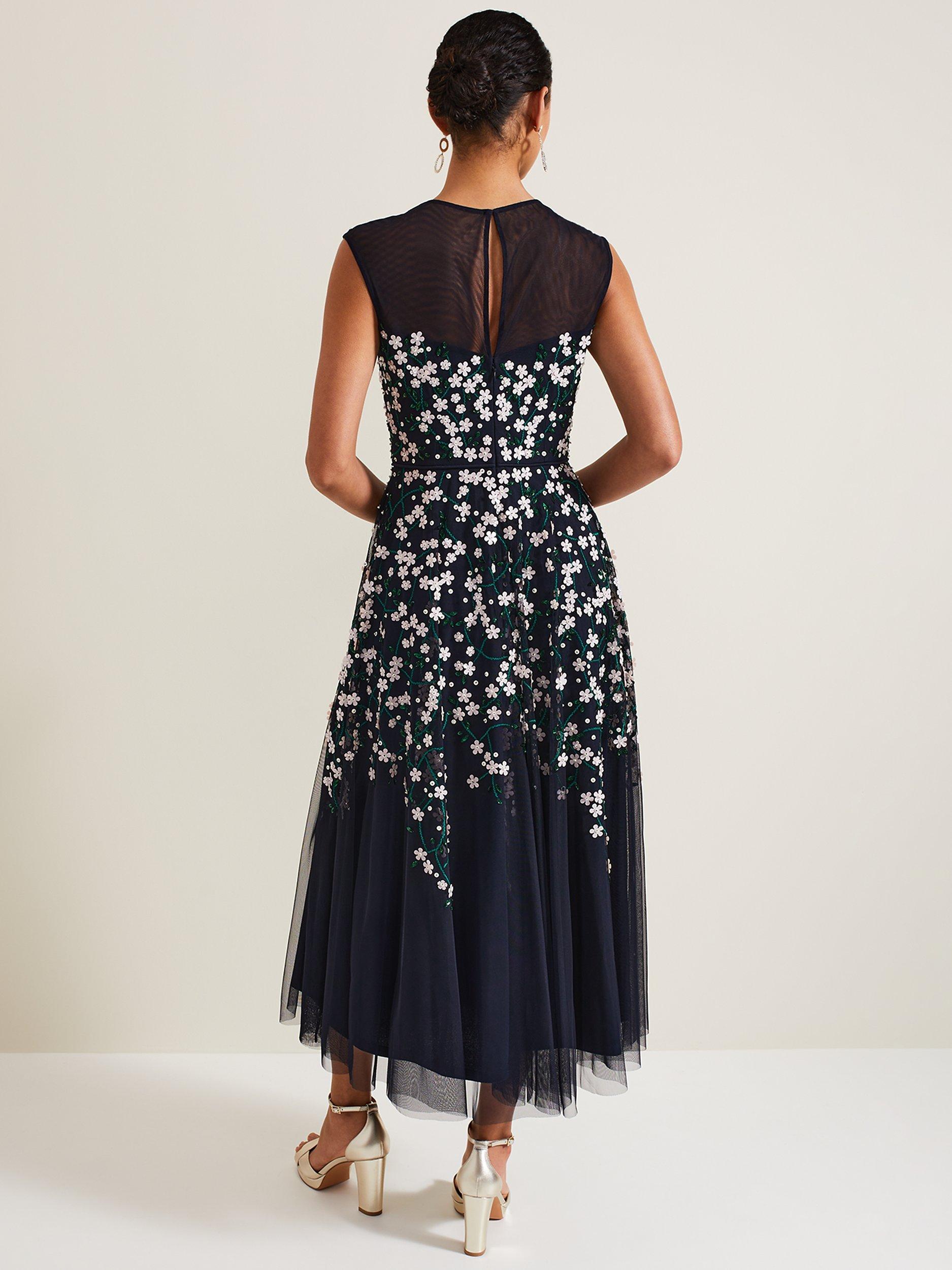 Product image 2 of 9, which shows Phase Eight Floral Beaded Midi Dress, Navy, 22