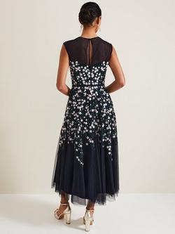 Phase Eight Floral Beaded Midi Dress, Navy - view 2, Navy