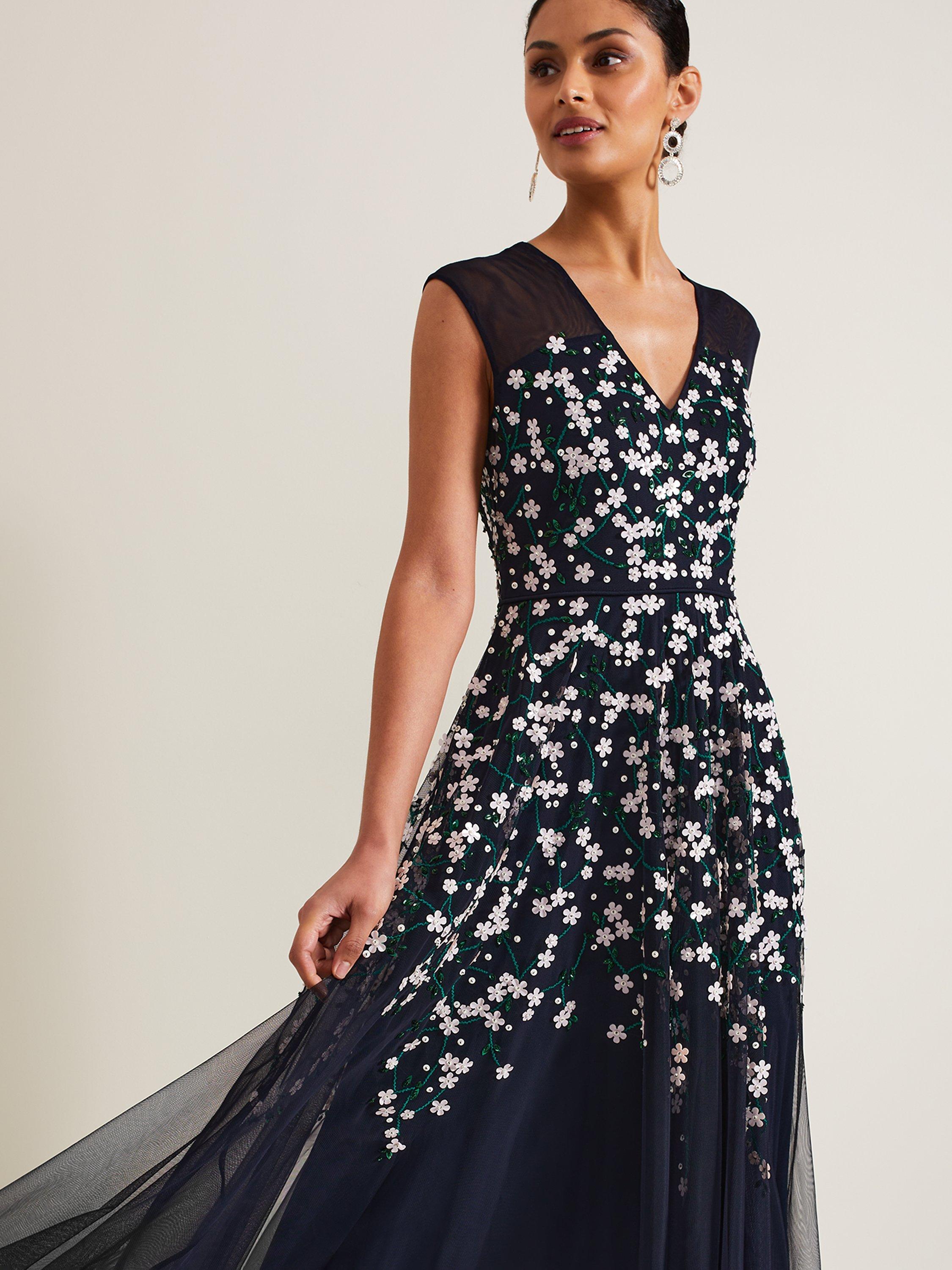 Product image 3 of 9, which shows Phase Eight Floral Beaded Midi Dress, Navy, 22
