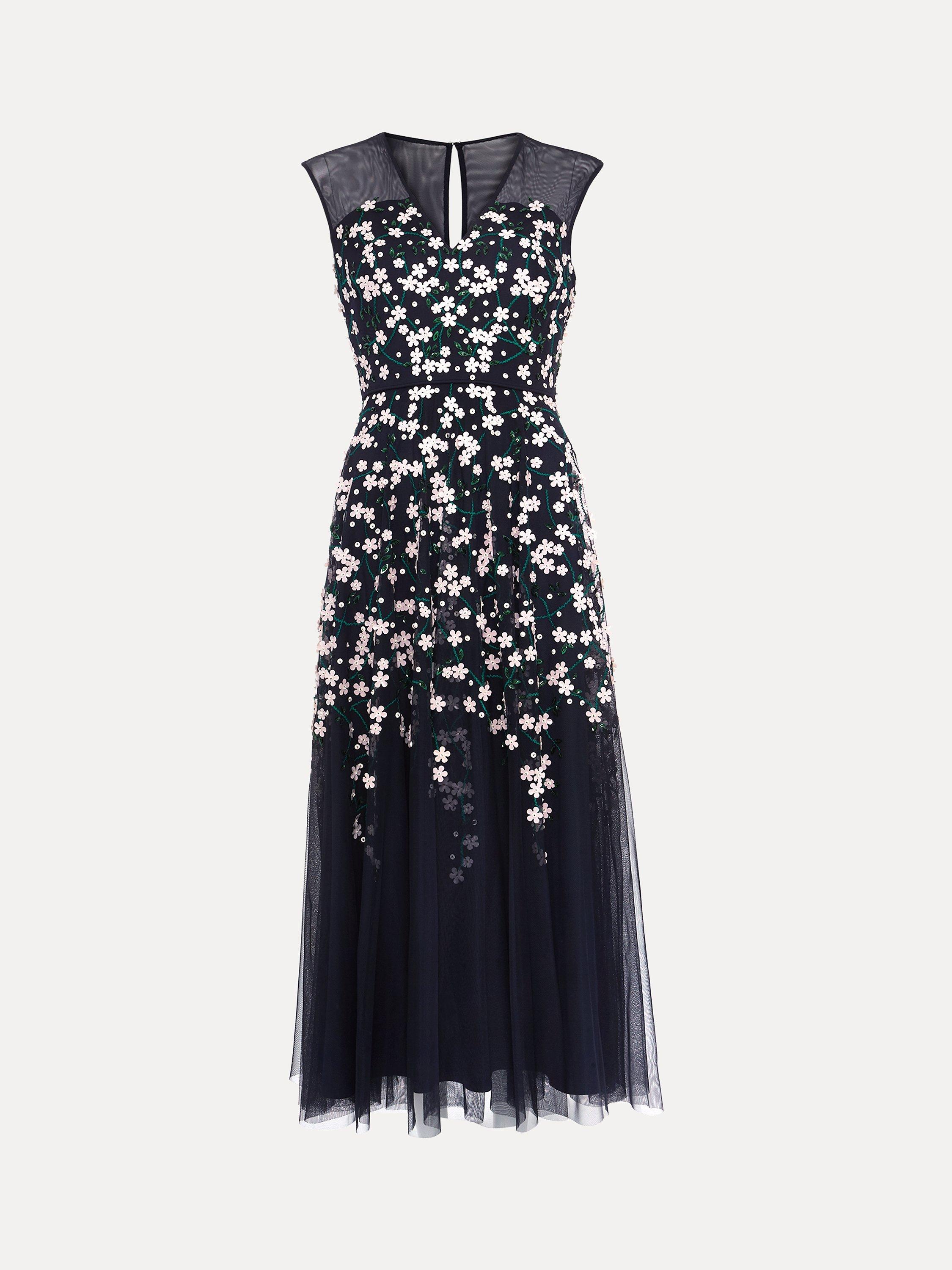 Product image 5 of 9, which shows Phase Eight Floral Beaded Midi Dress, Navy, 22