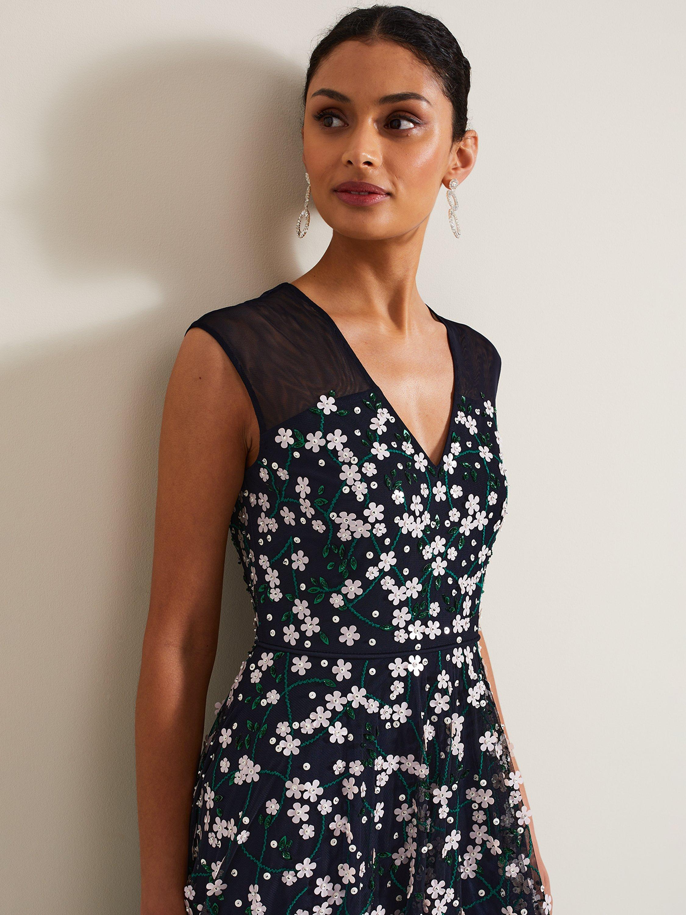 Product image 7 of 9, which shows Phase Eight Floral Beaded Midi Dress, Navy, 22