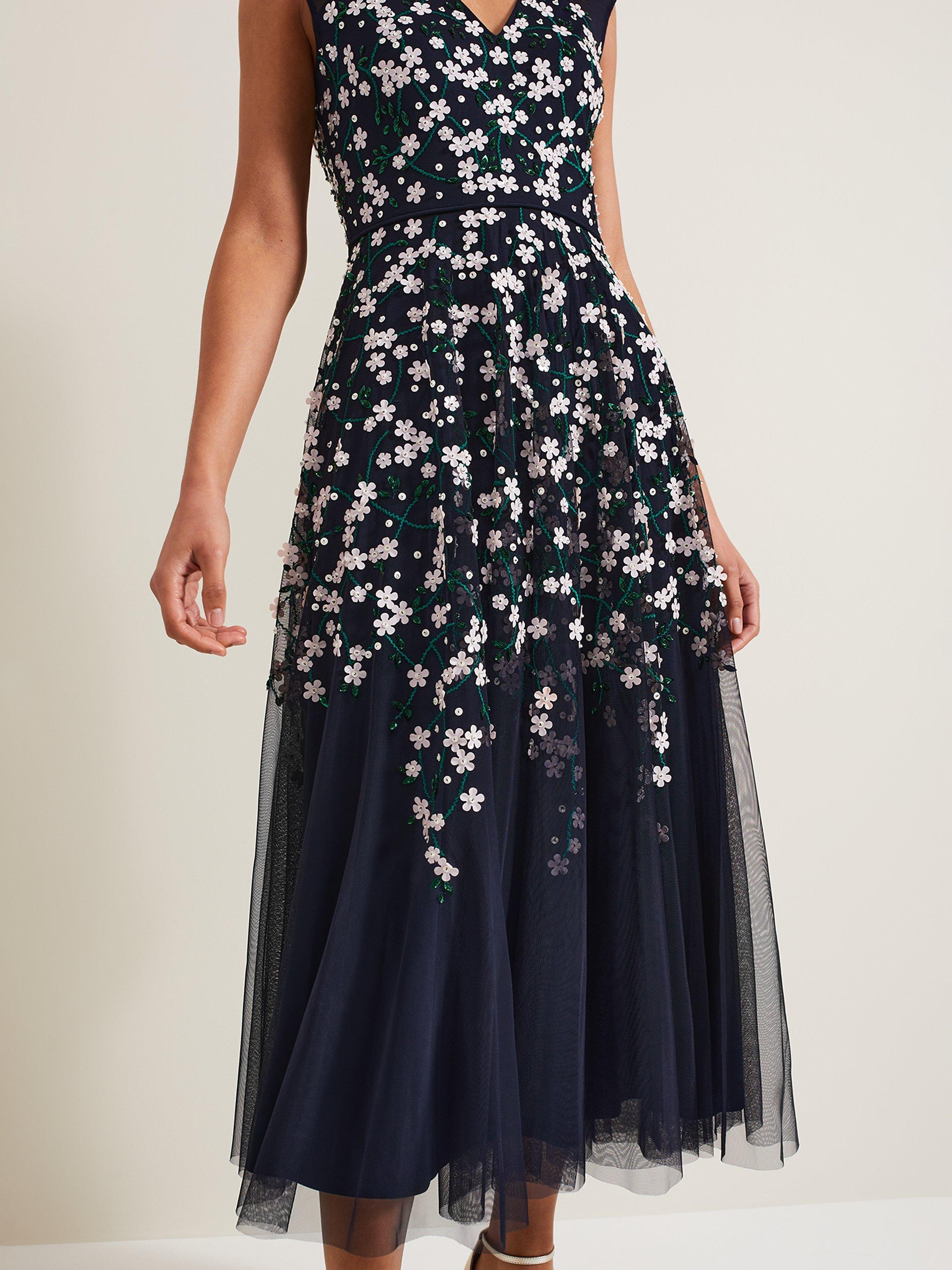Product image 8 of 9, which shows Phase Eight Floral Beaded Midi Dress, Navy, 22