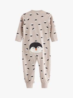 Lindex Baby Organic Cotton Penguin Print Sleepsuit, Light Grey - view 2, Light Grey