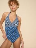 White Stuff Sunshine Floral Tile Print Halterneck Swimsuit, Navy/Multi