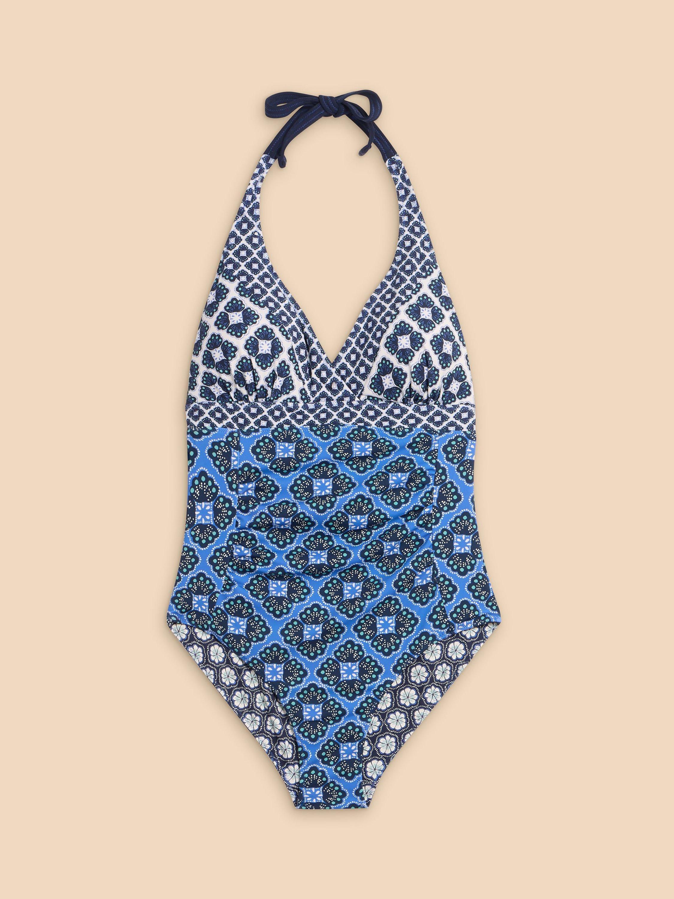 Product image 5 of 7, which shows White Stuff Sunshine Floral Tile Print Halterneck Swimsuit, Navy/Multi, 6