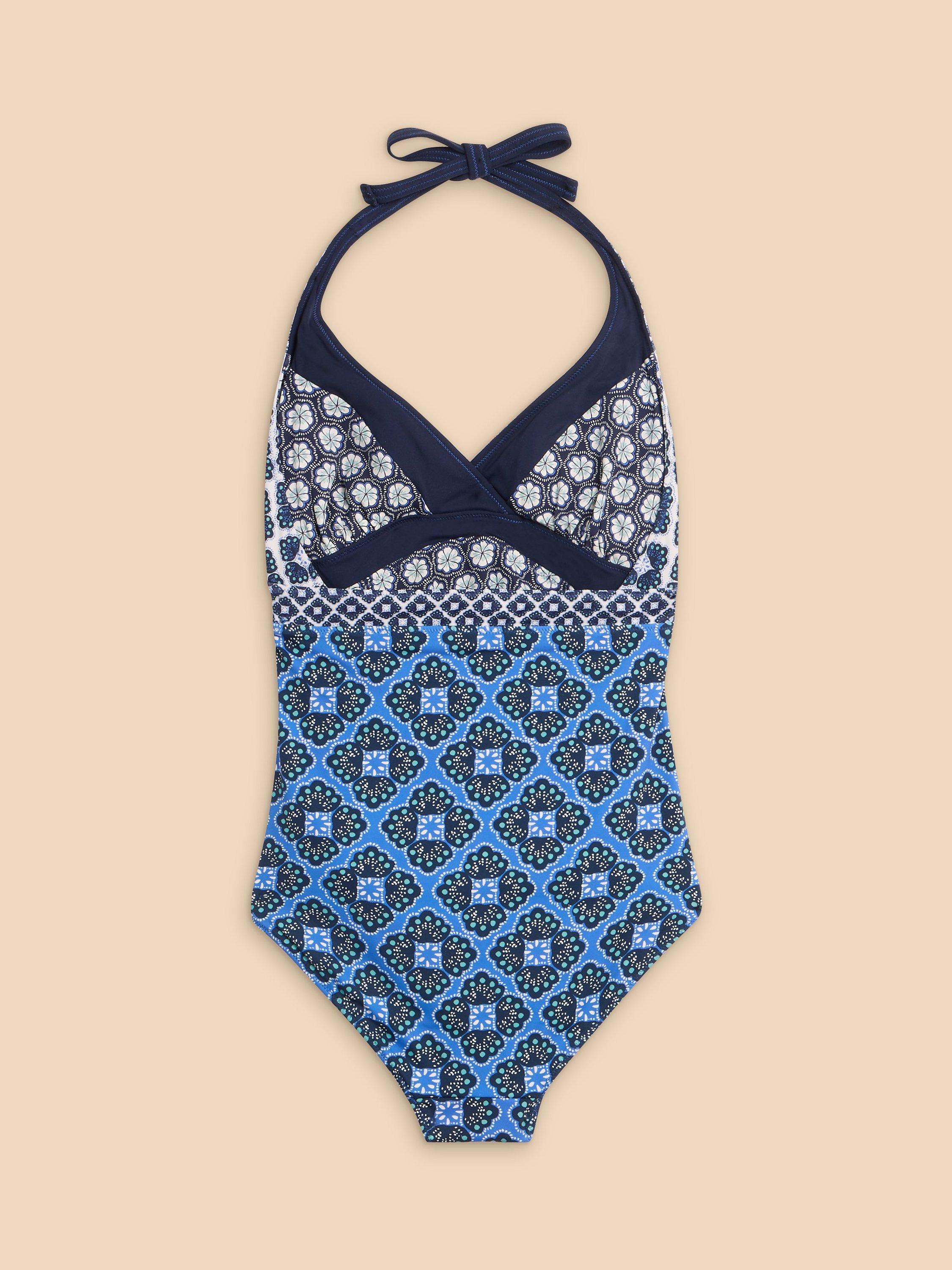 Product image 7 of 7, which shows White Stuff Sunshine Floral Tile Print Halterneck Swimsuit, Navy/Multi, 6