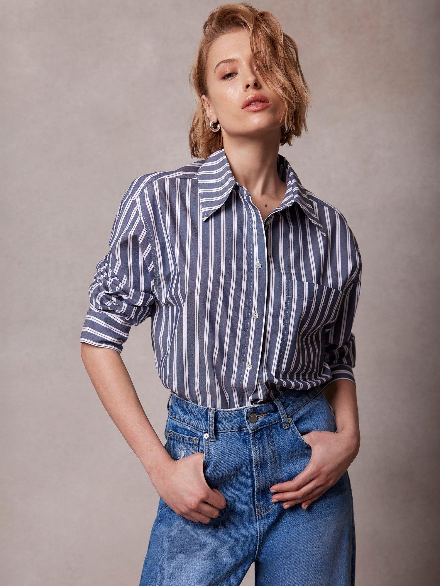 Mint Velvet Cropped Striped Shirt, Dark Grey