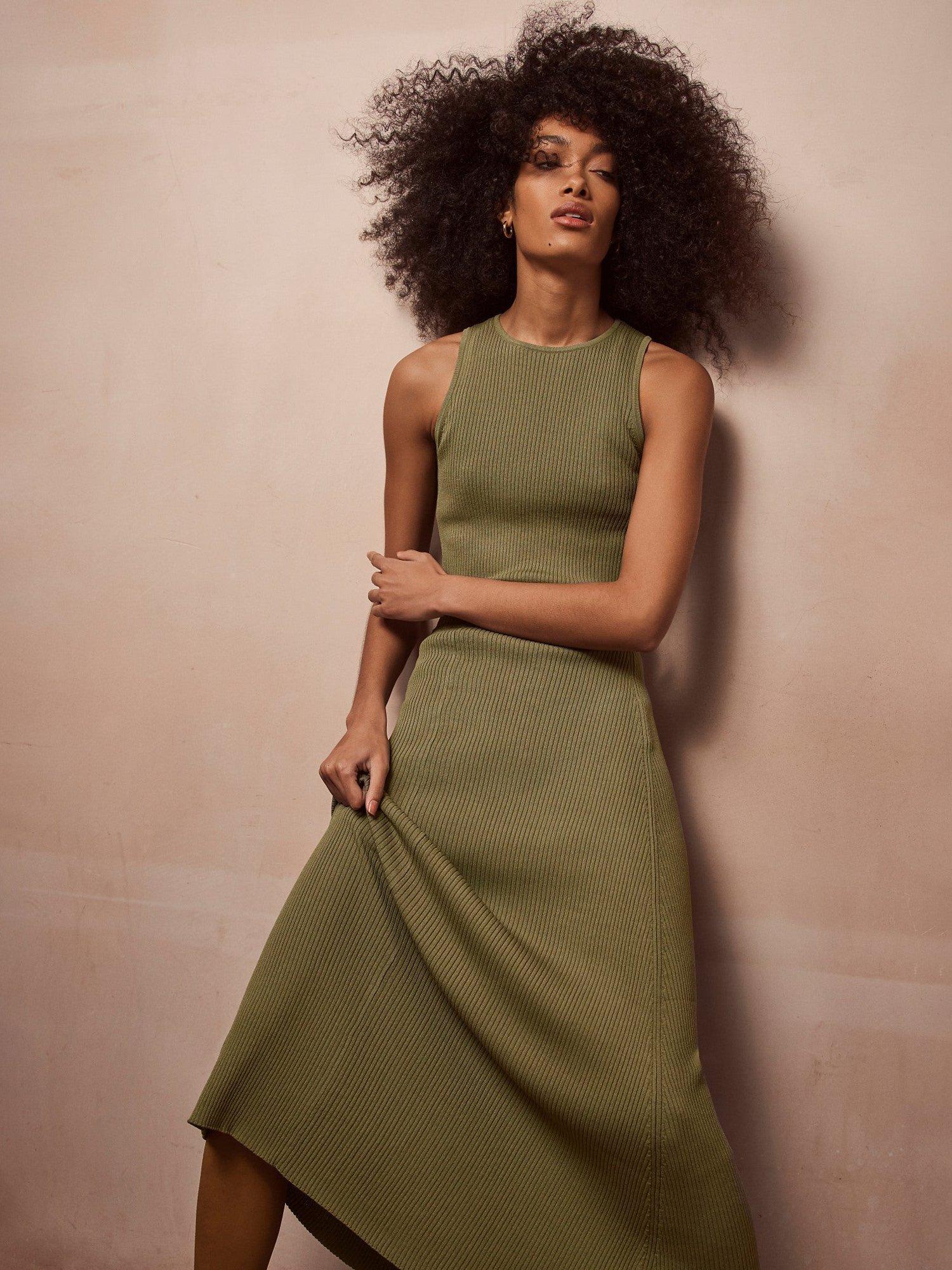 Mint Velvet Ribbed Midi Skirt, Sage Green