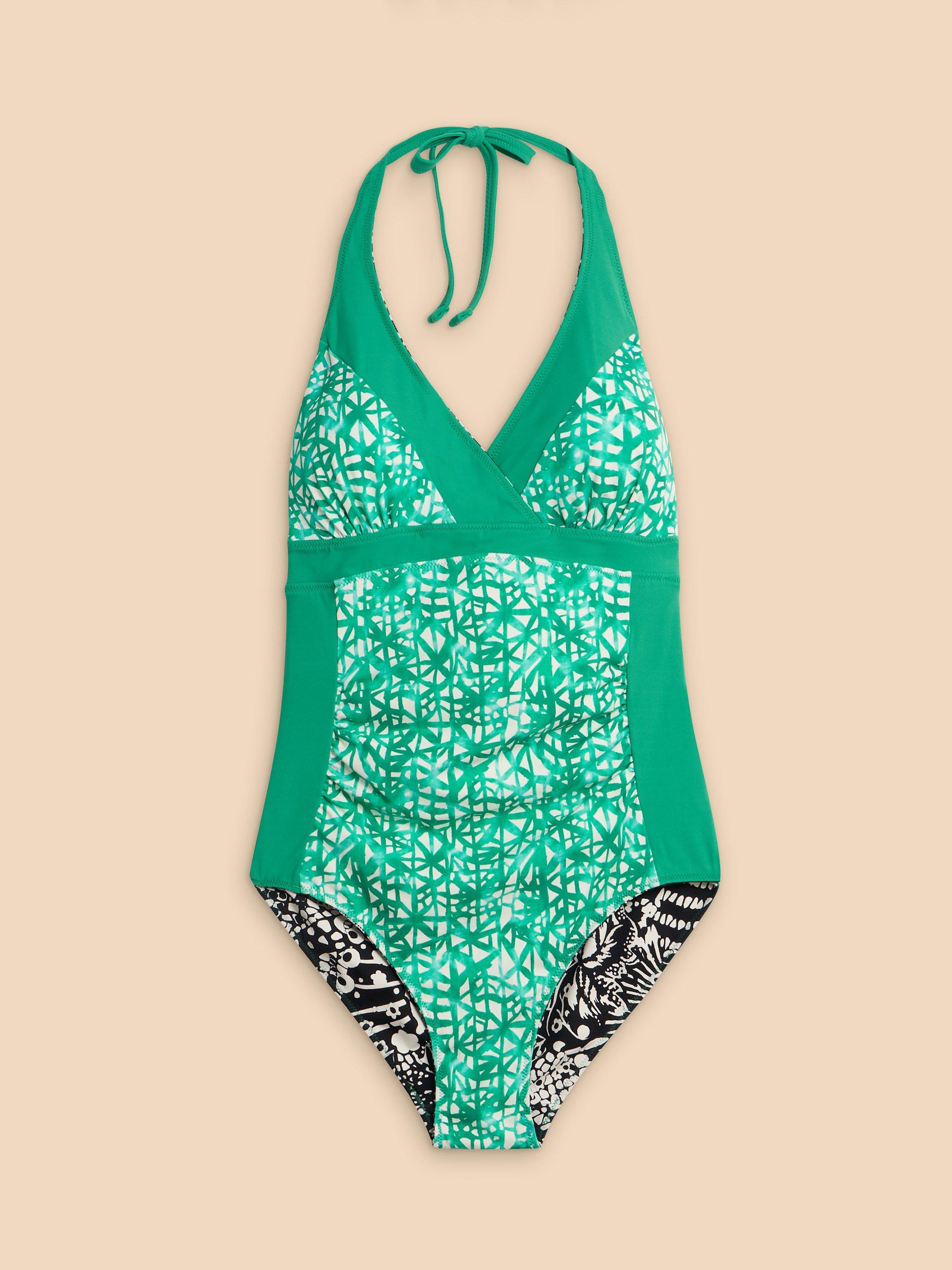 Product image 5 of 7, which shows White Stuff Sunshine Reversible Halterneck Swimsuit, Green/Black, 6