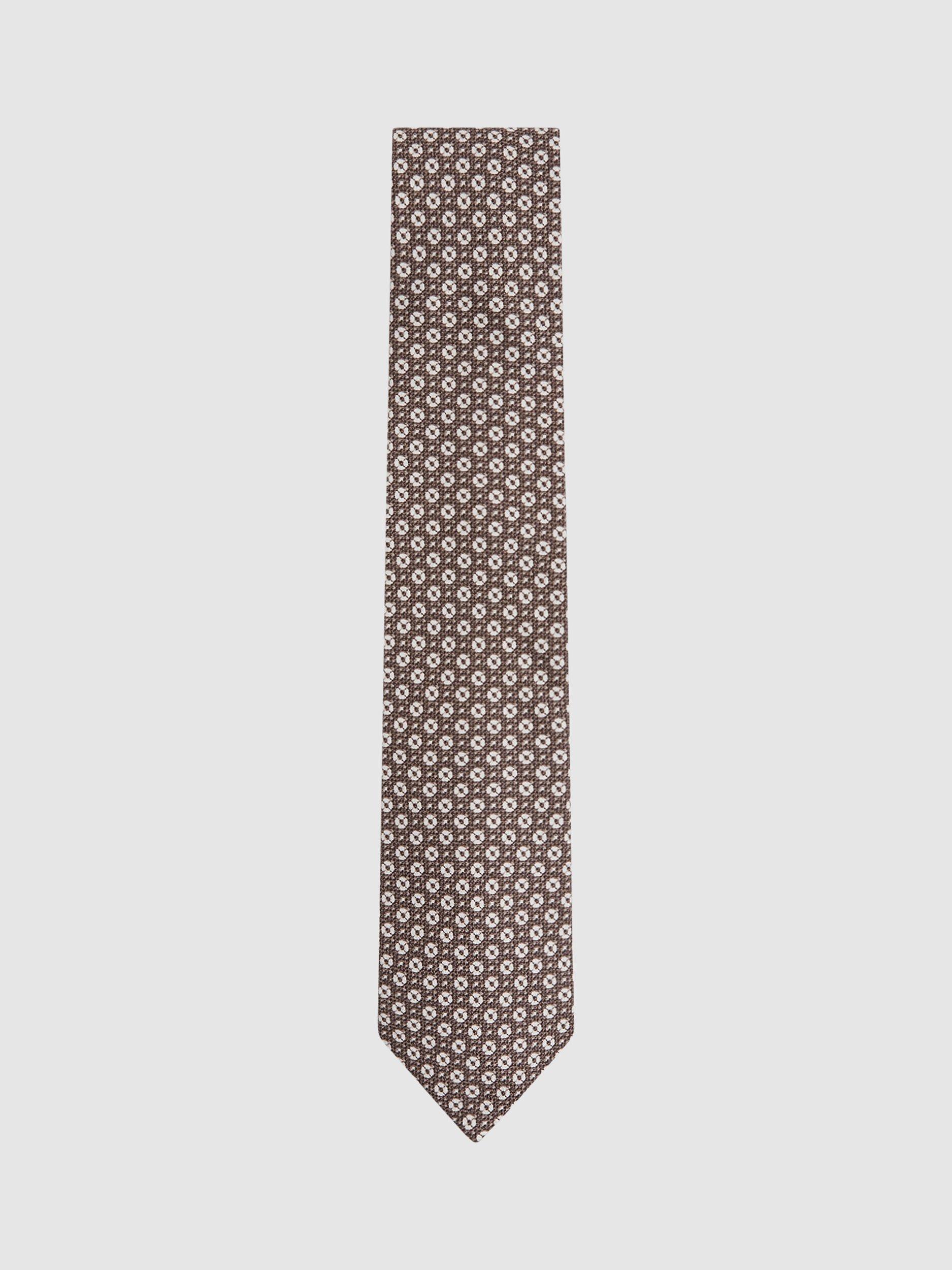 Reiss Croce Small Medallion Print Silk Tie, Brown Melange