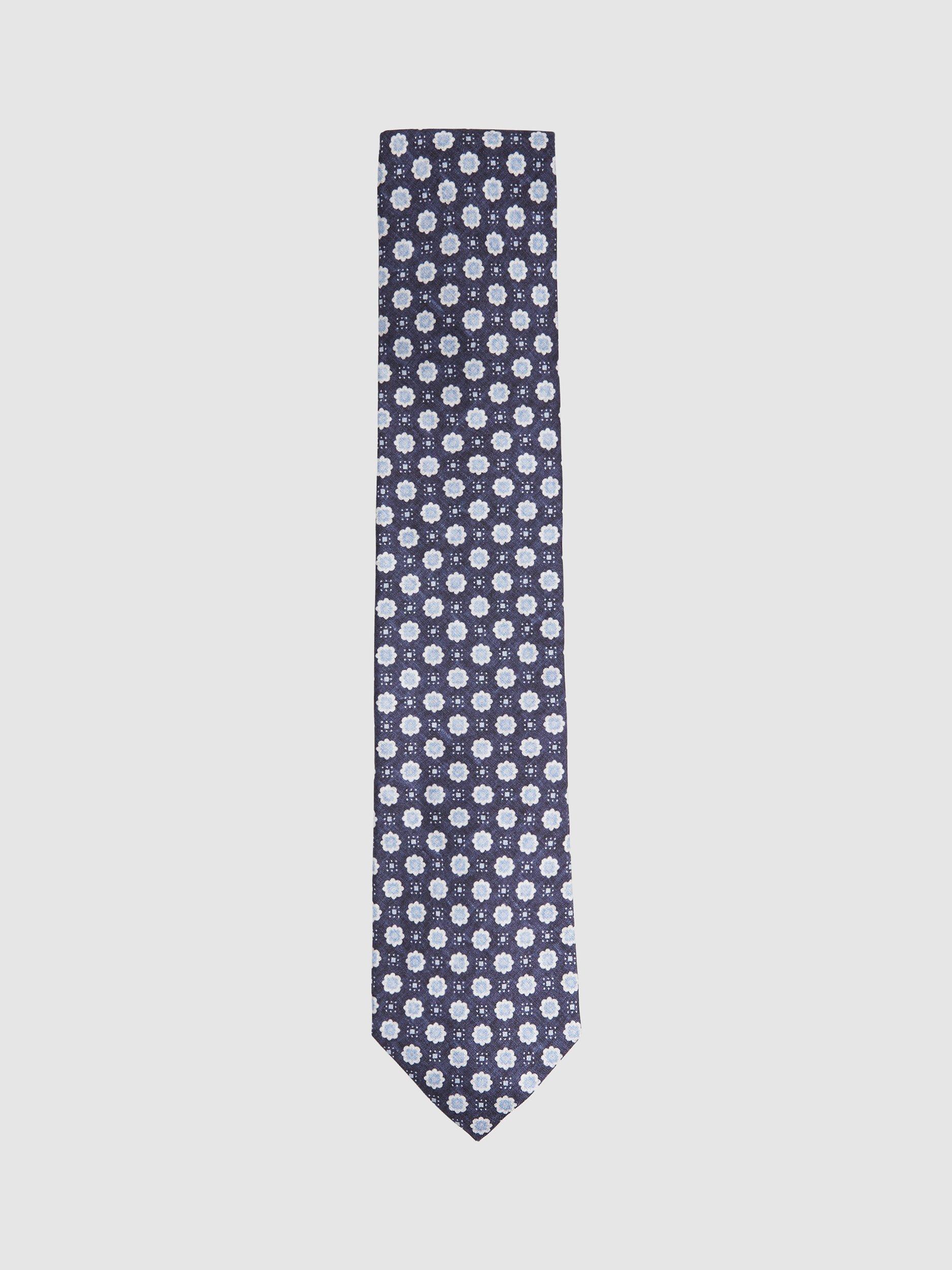 Reiss Basilica Small Floral Print Silk Tie, Eclipse Blue, One Size
