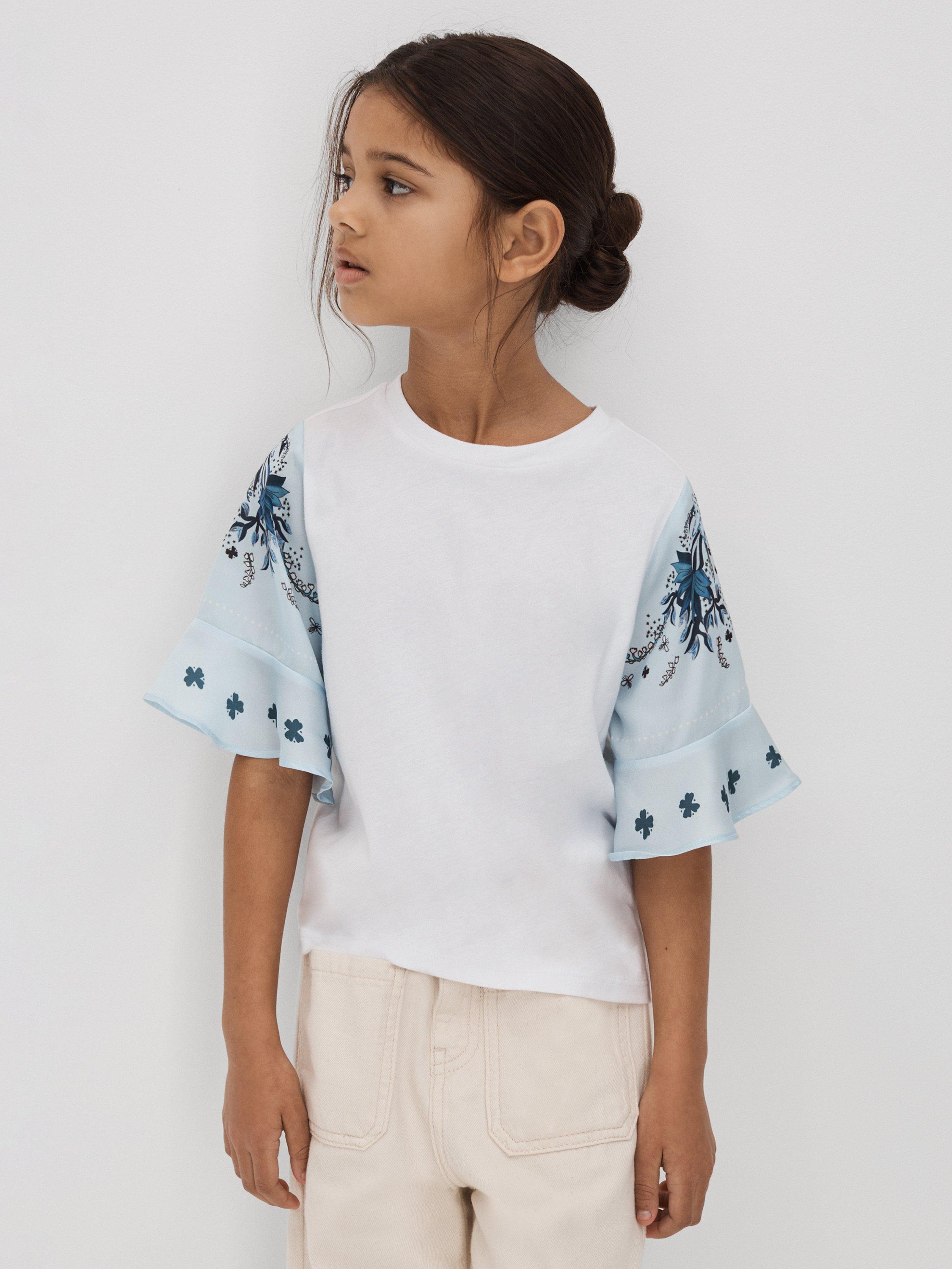 Reiss Kids' Anastasia Floral Print Sleeve Top, White/Multi