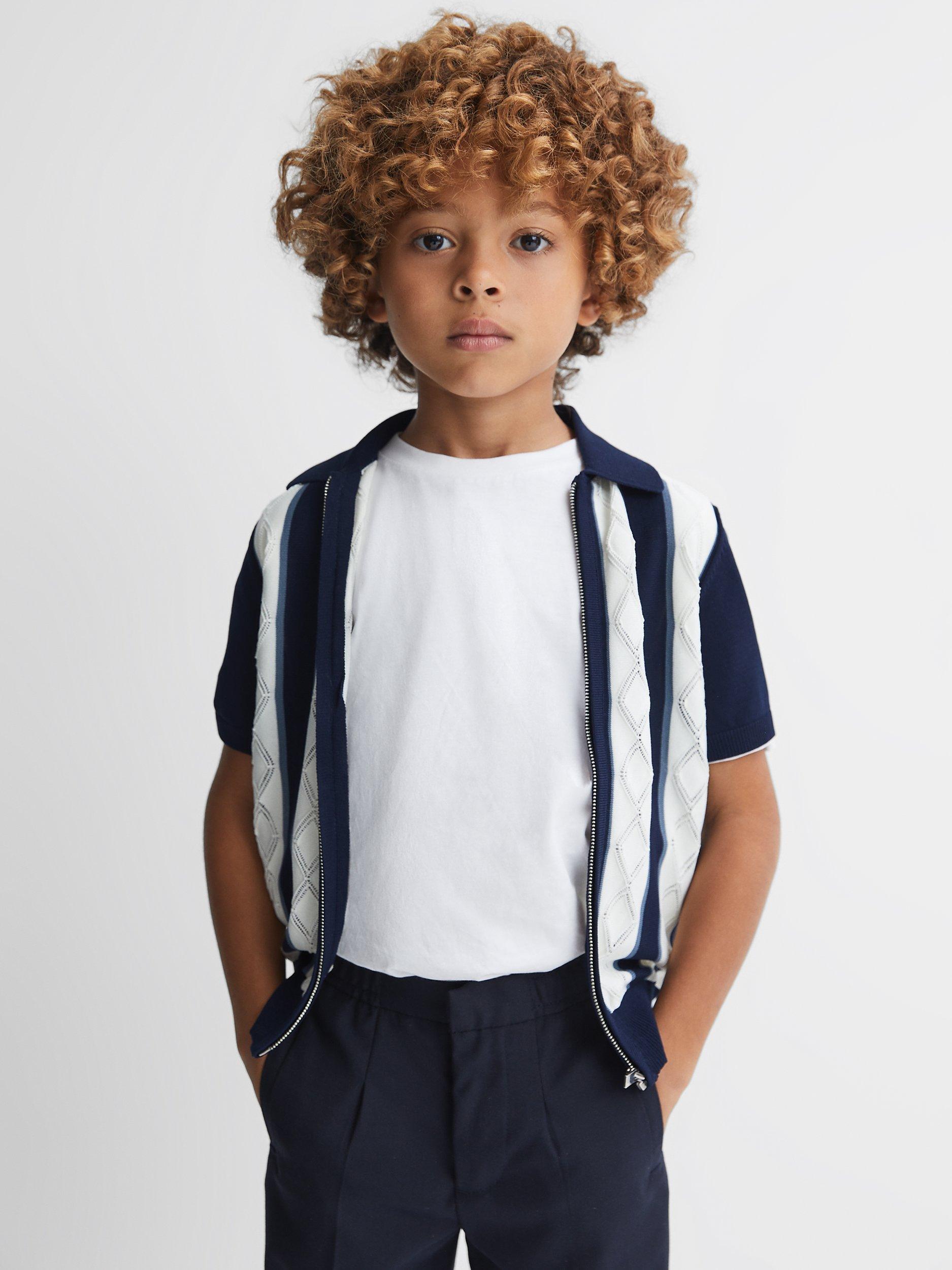 Reiss Kids' Selwood Colourblock Zip Through Shirt, Navy/White