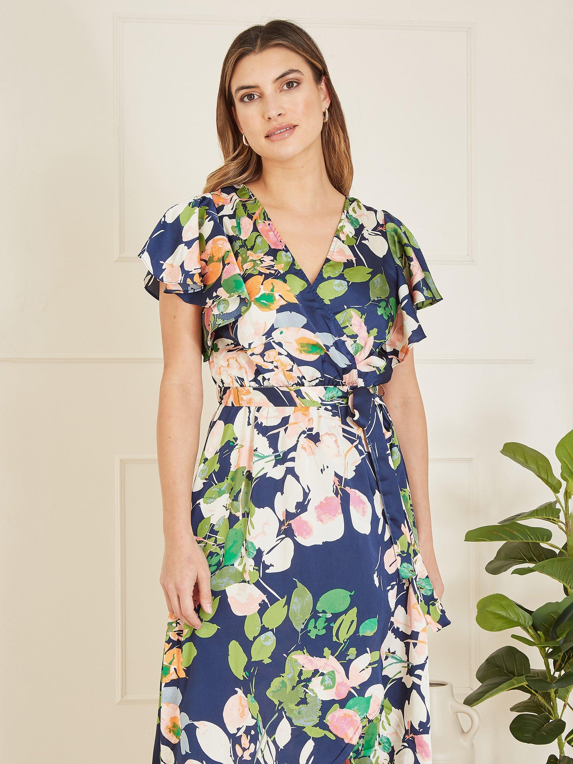 Product image 2 of 5, which shows Mela London Satin Wrap Over Midi Dress, Navy, 8