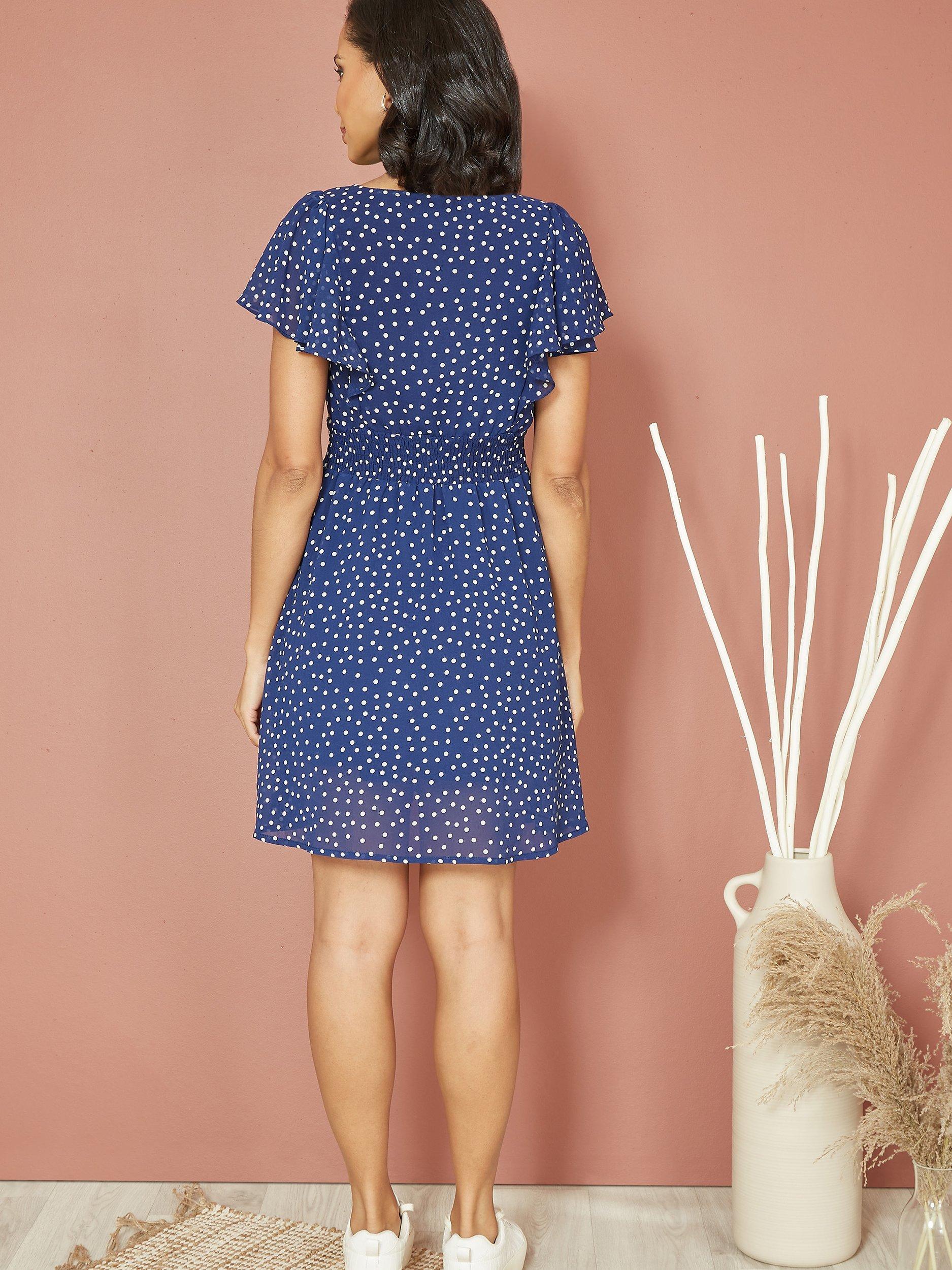 Product image 3 of 4, which shows Mela London Ruched Waist Spot Print Skater Dress, Navy, 16
