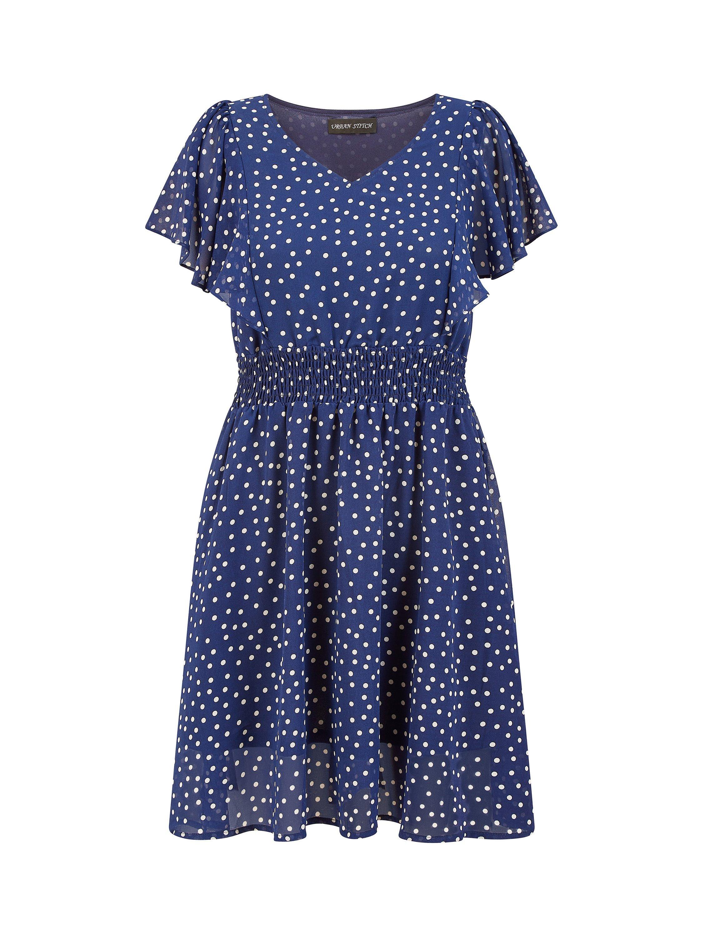 Product image 4 of 4, which shows Mela London Ruched Waist Spot Print Skater Dress, Navy, 16