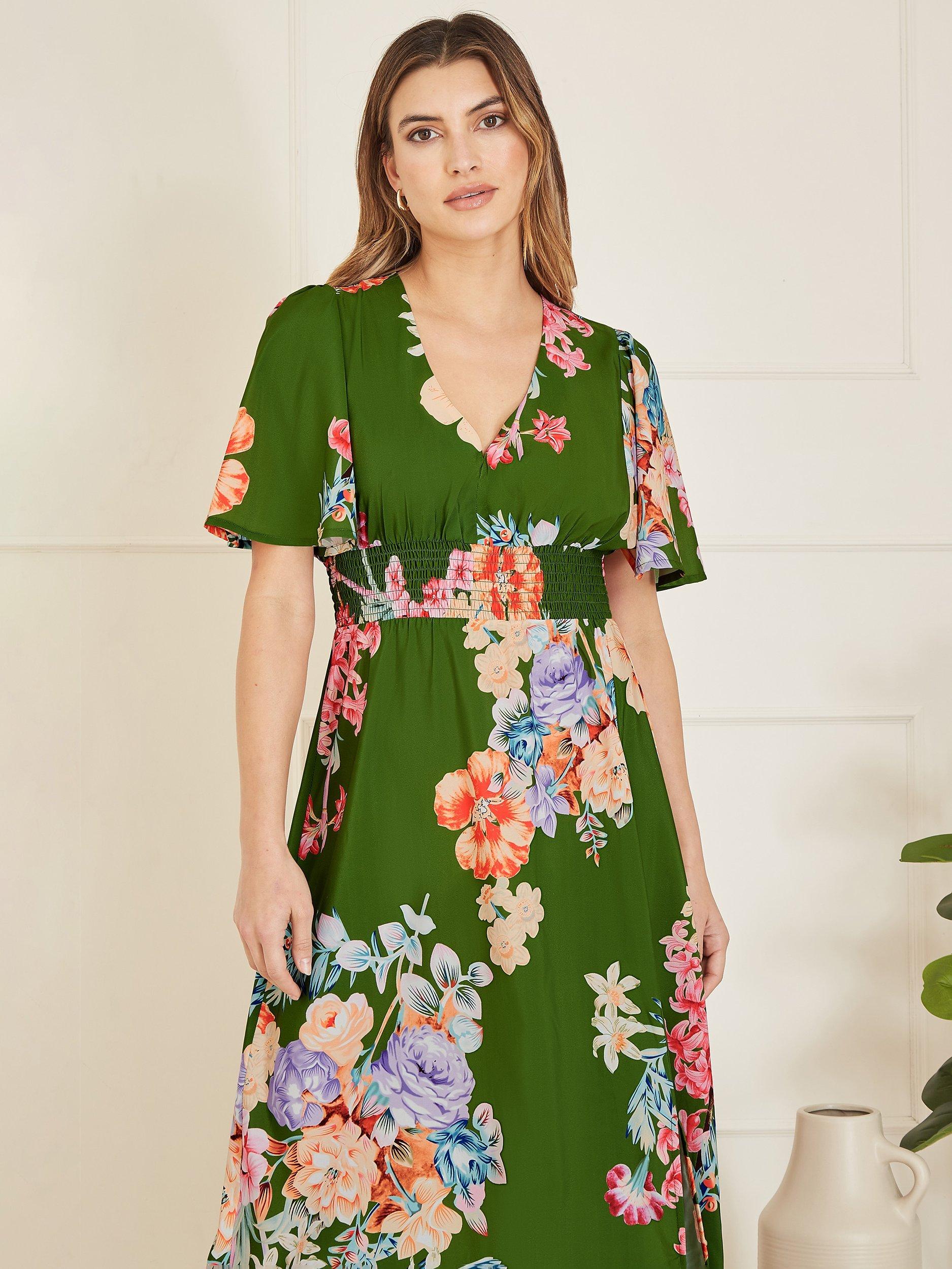 Product image 2 of 5, which shows Yumi Mela London Floral Print Ruched Waist Maxi Dress, Green, 22