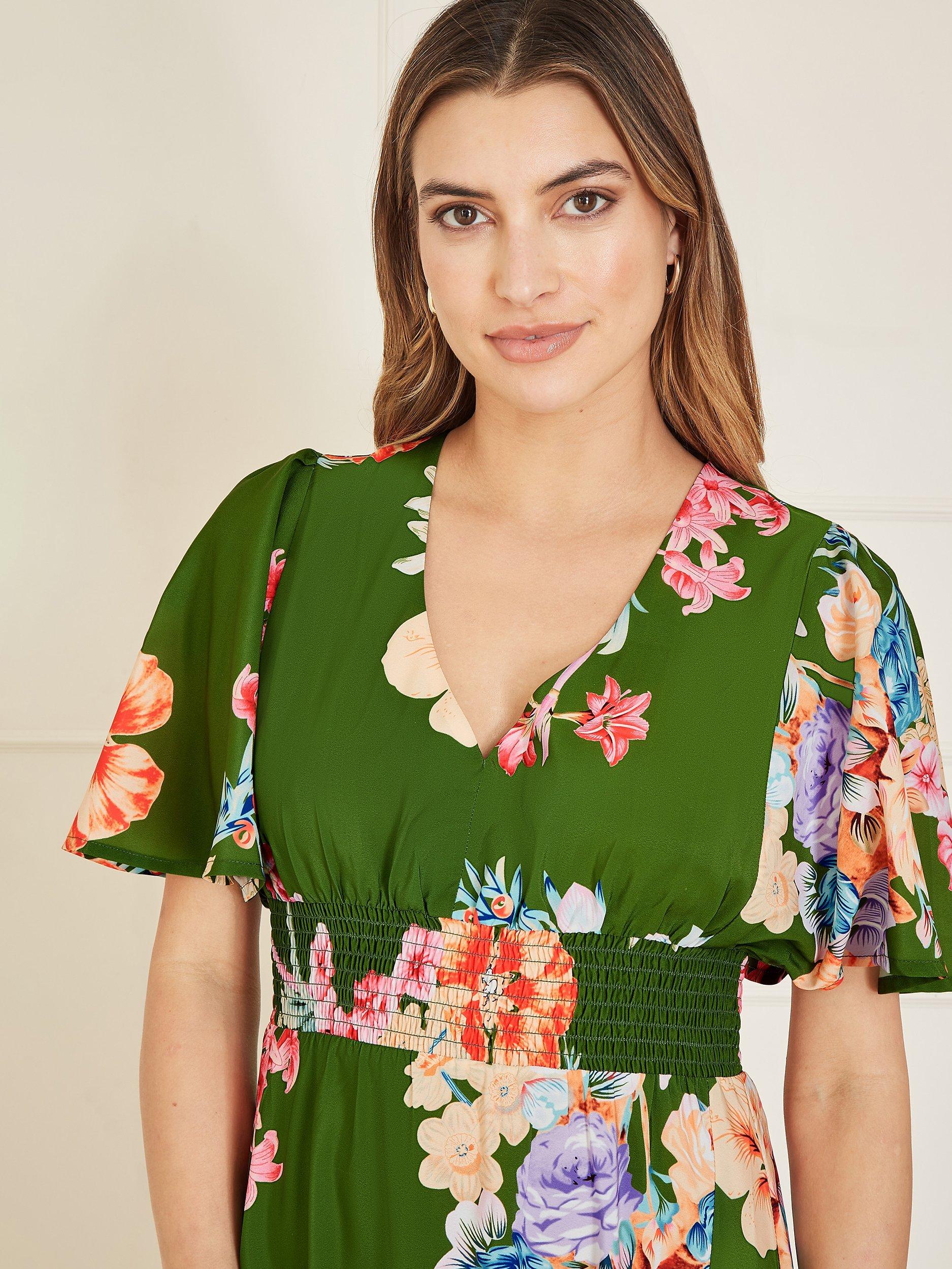 Product image 3 of 5, which shows Yumi Mela London Floral Print Ruched Waist Maxi Dress, Green, 22