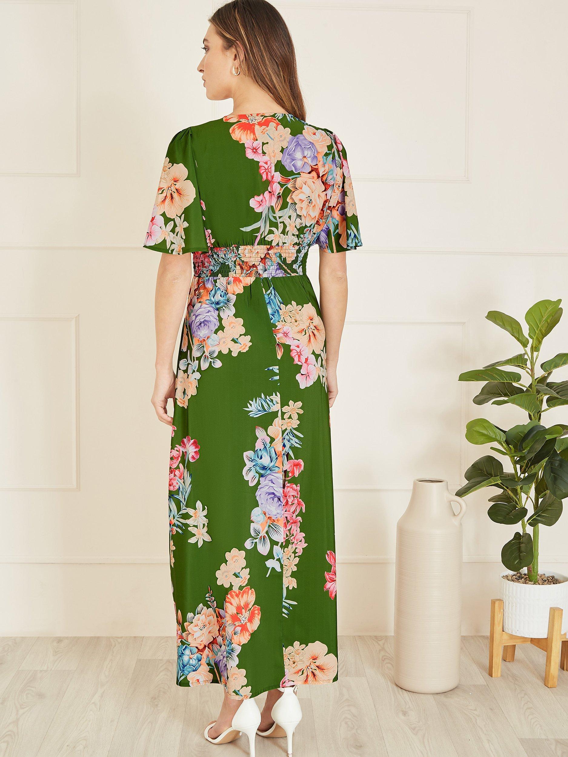 Product image 4 of 5, which shows Yumi Mela London Floral Print Ruched Waist Maxi Dress, Green, 22