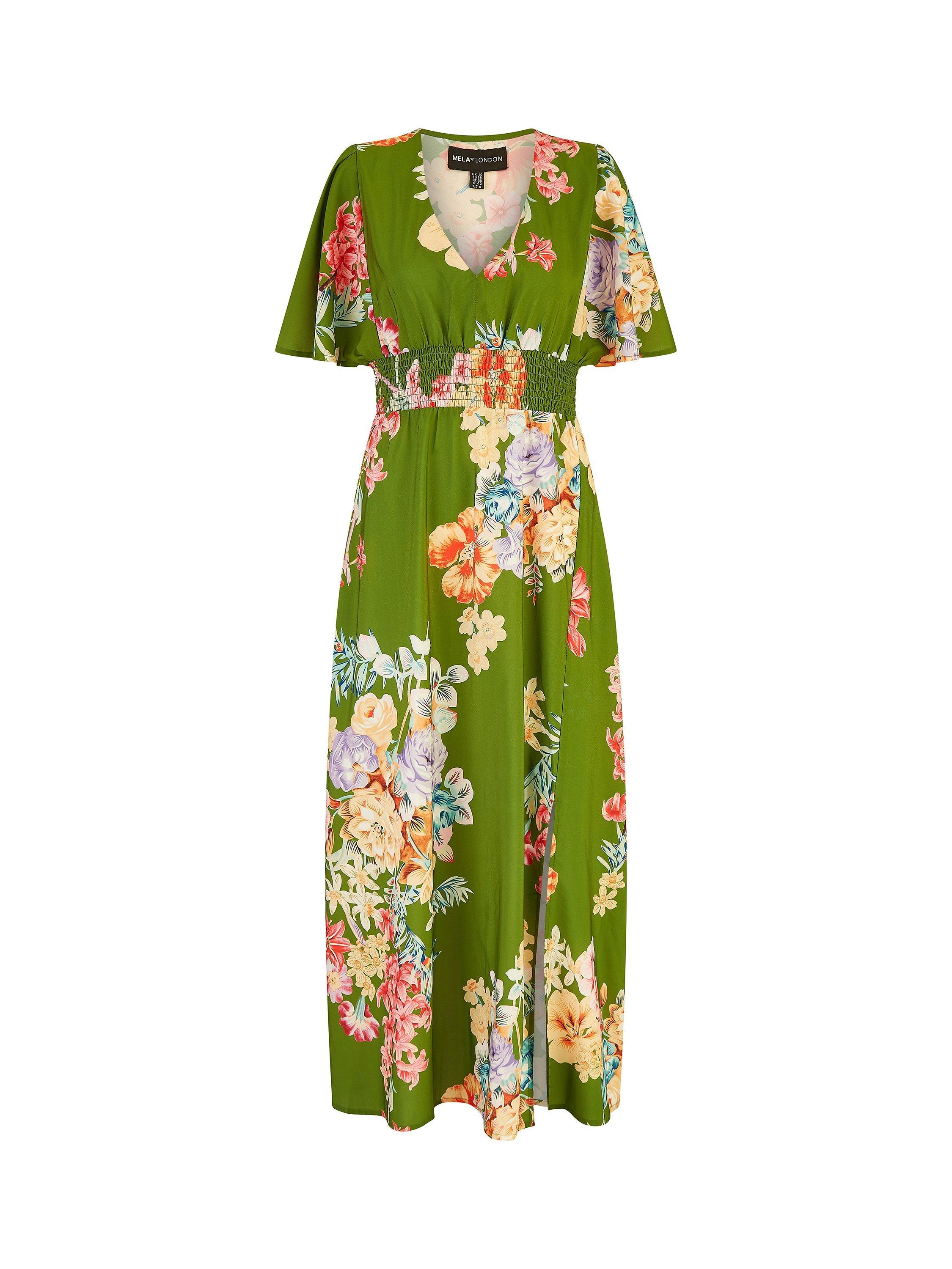 Product image 5 of 5, which shows Yumi Mela London Floral Print Ruched Waist Maxi Dress, Green, 22