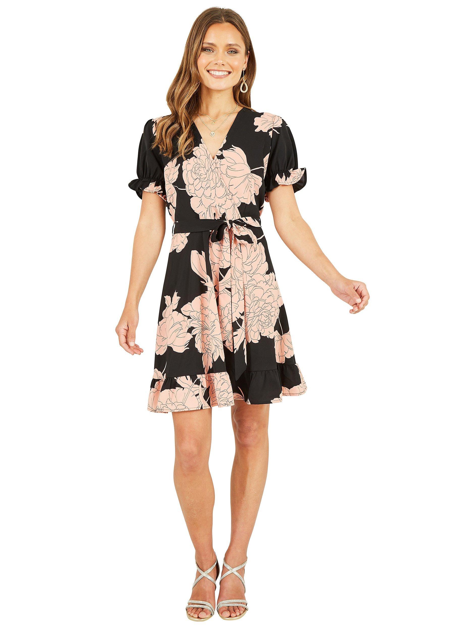 Product image 2 of 4, which shows Mela London Blossom Wrap Dress Puff Sleeves Mini Dress, Black/Pink, 8