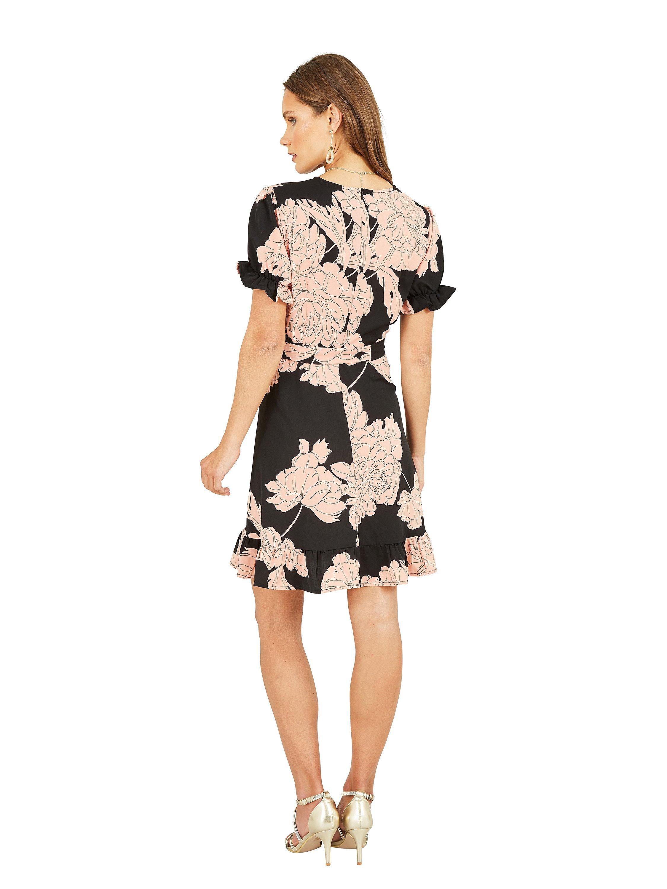 Product image 3 of 4, which shows Mela London Blossom Wrap Dress Puff Sleeves Mini Dress, Black/Pink, 8