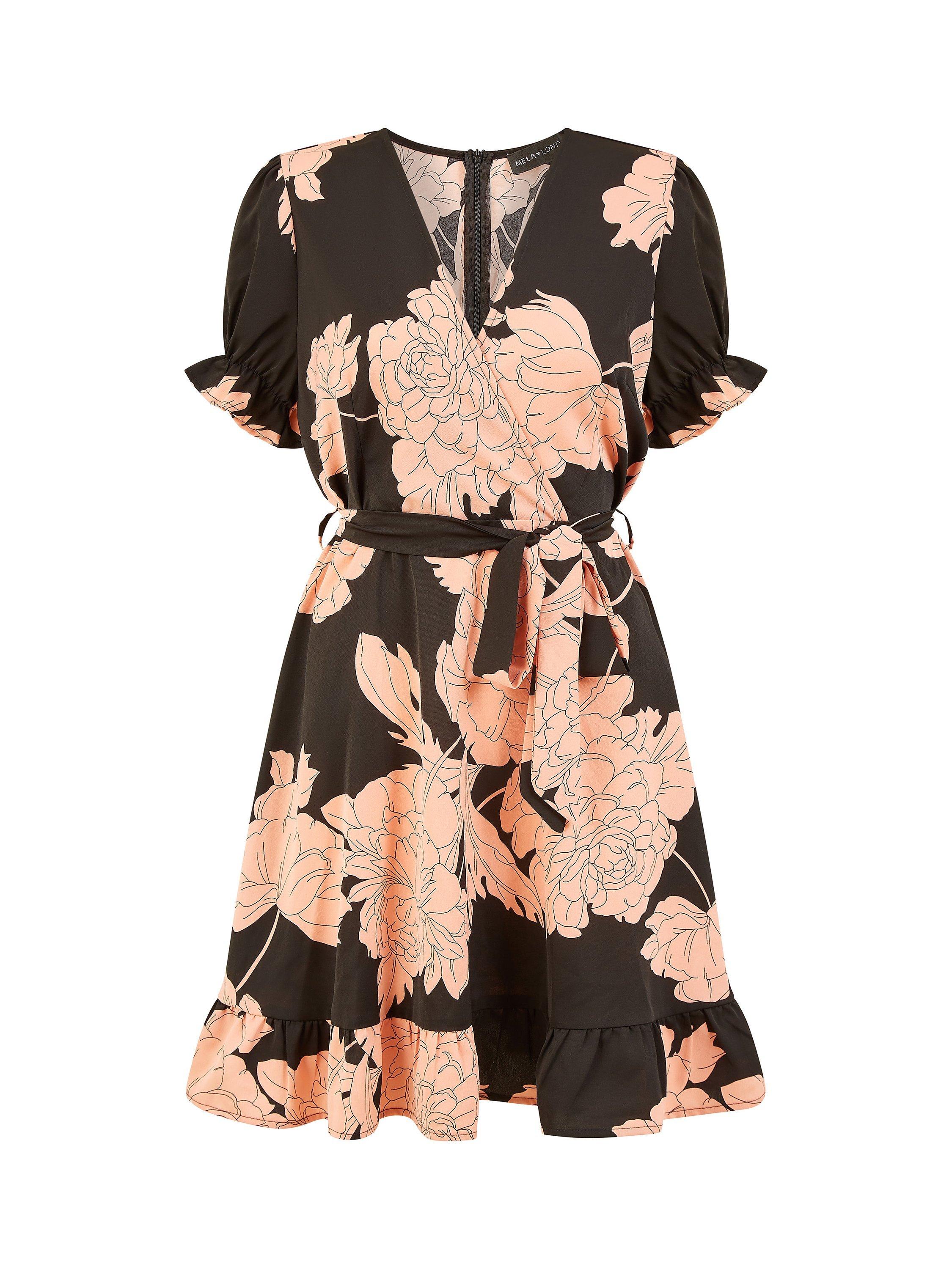 Product image 4 of 4, which shows Mela London Blossom Wrap Dress Puff Sleeves Mini Dress, Black/Pink, 8