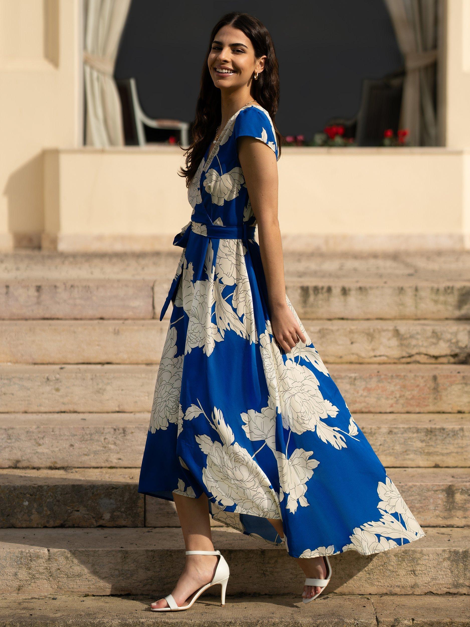 Yumi Mela London Blossom Print Wrap Dip Hem Midi Dress Blue White