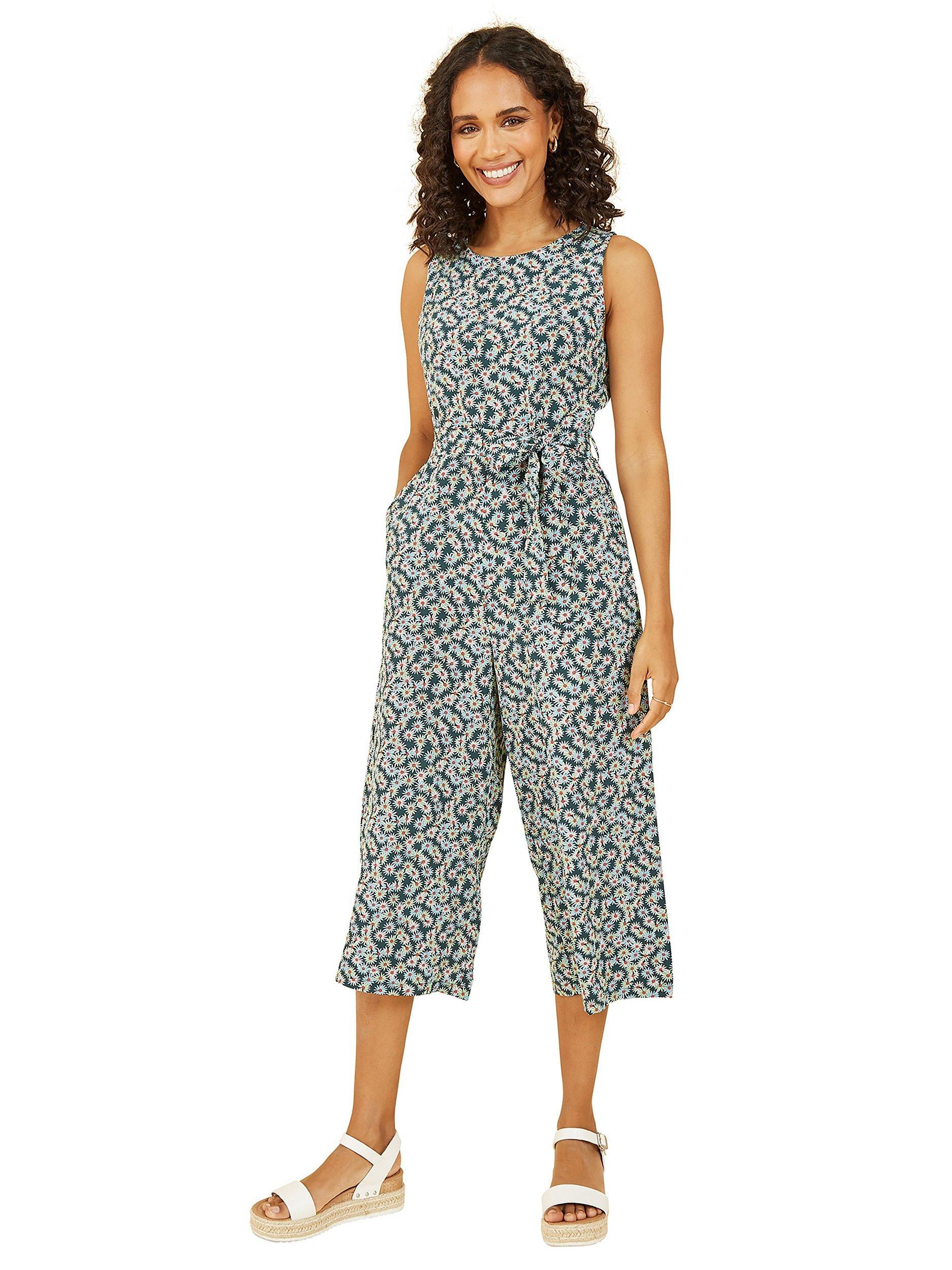 Product image 1 of 4, which shows Mela London Daisy Print Culotte Jumpsuit, Green, 22