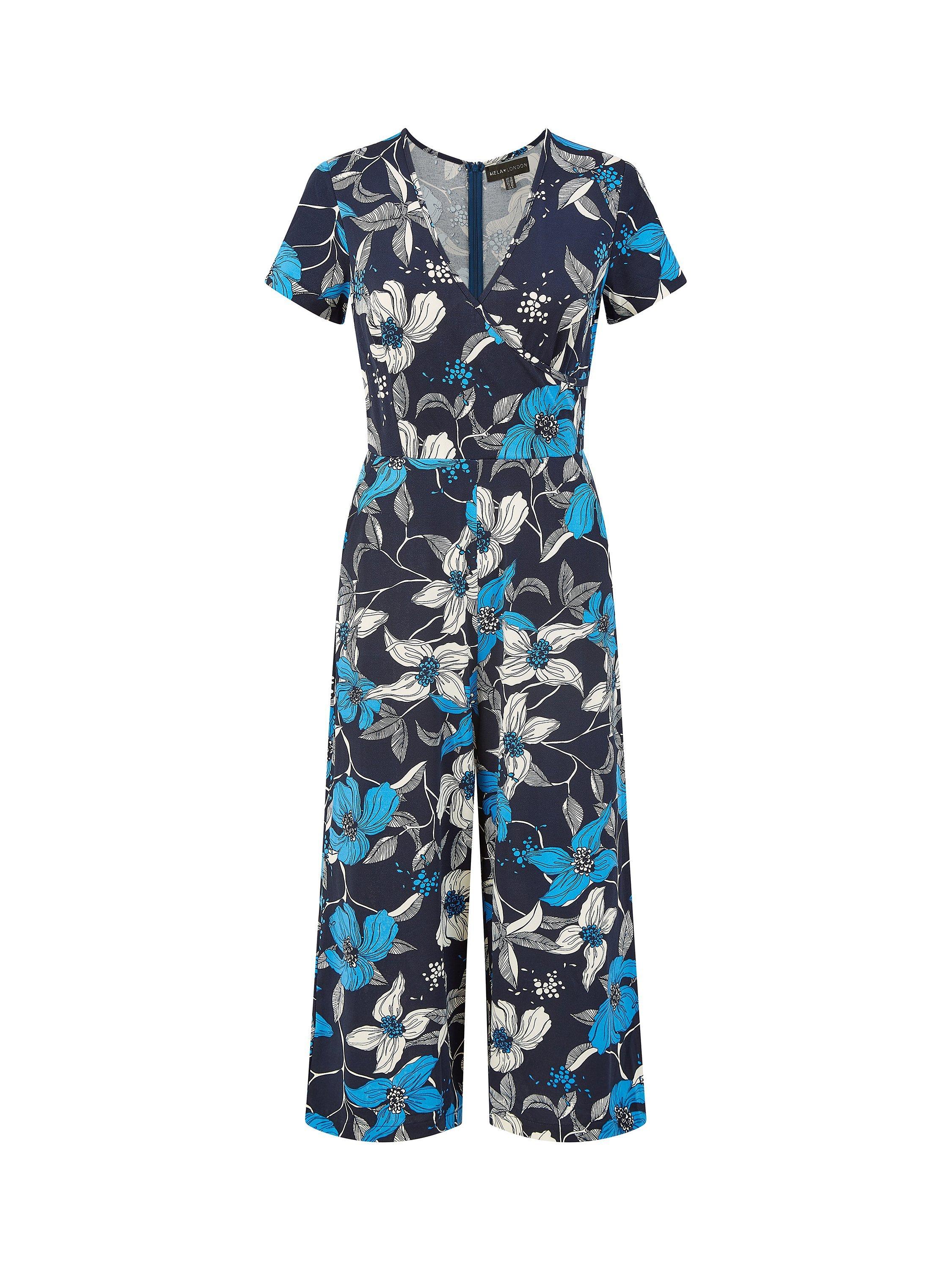 Product image 4 of 4, which shows Mela London Floral Print Wrap Jumpsuit, Blue, 14