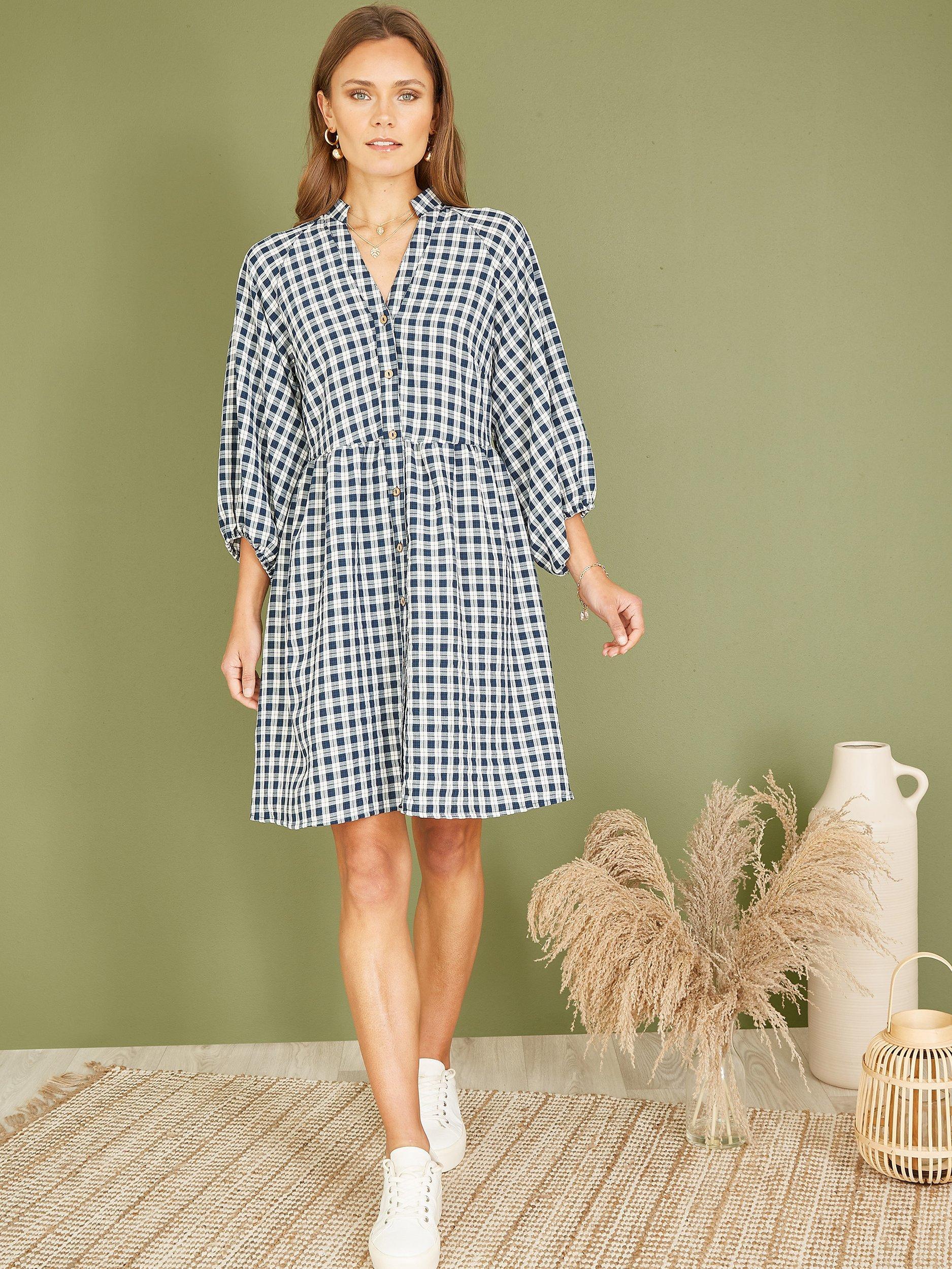 Mela London Cotton Blend Check Tunic Dress Navy