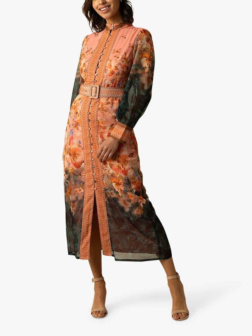 Product image 1 of 3, which shows Raishma Freya Floral Midi Dress, Coral, 8