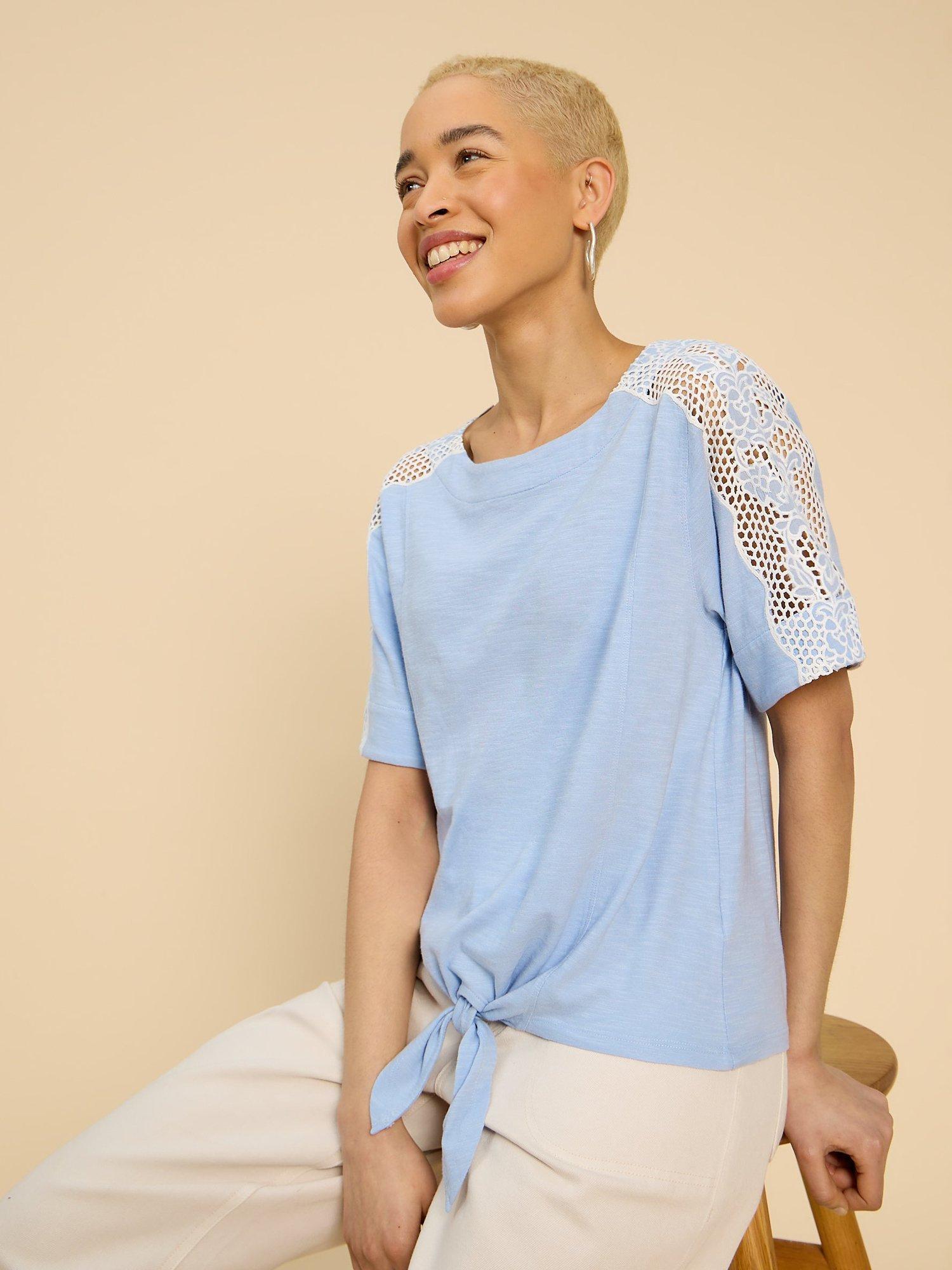 White Stuff Sara Tie Hem Embroidered Sleeve Blouse, Mid Blue