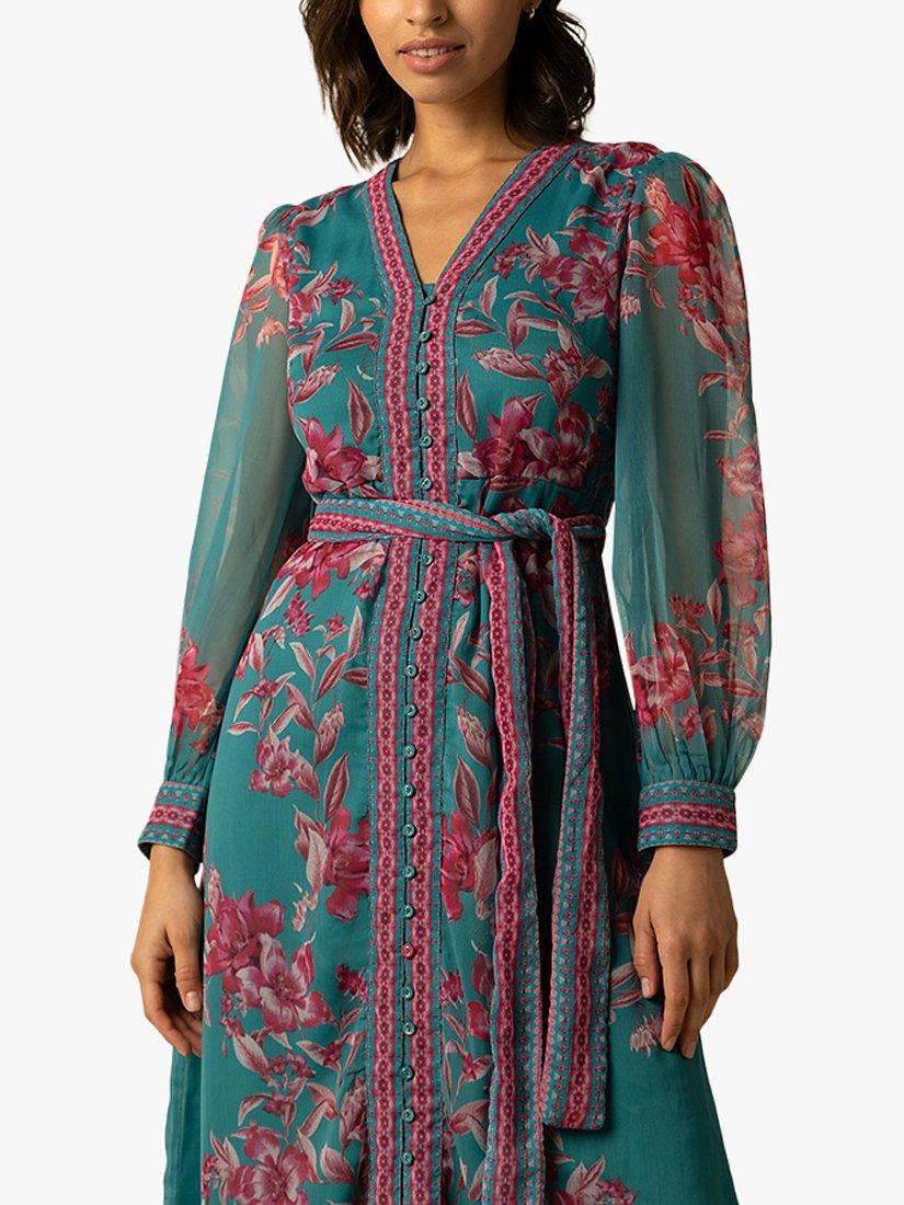 Product image 2 of 3, which shows Raishma Naomi Floral Midi Dress, Turquoise, 8