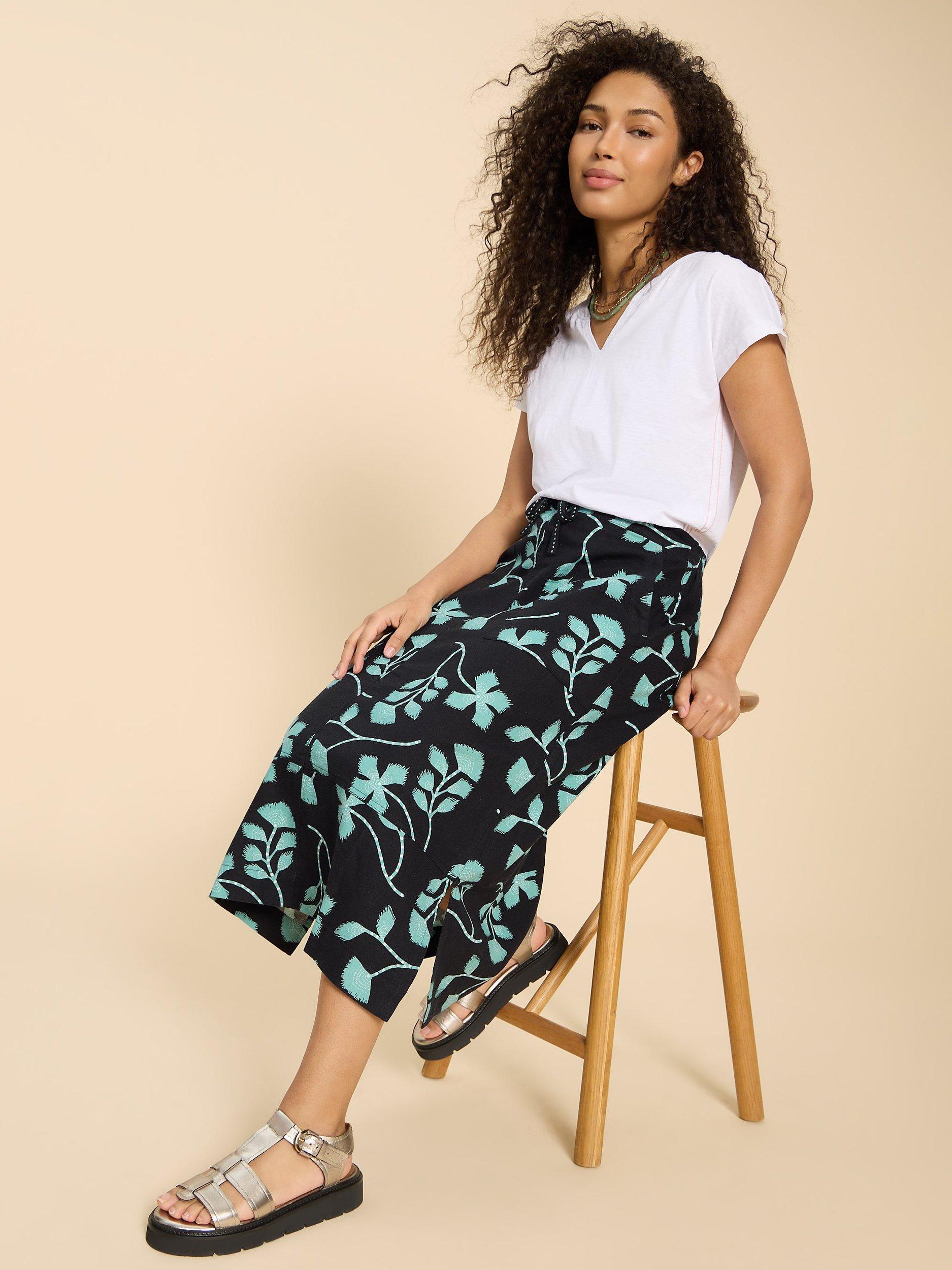 White Stuff Elle Linen Blend Midi Skirt Black Multi