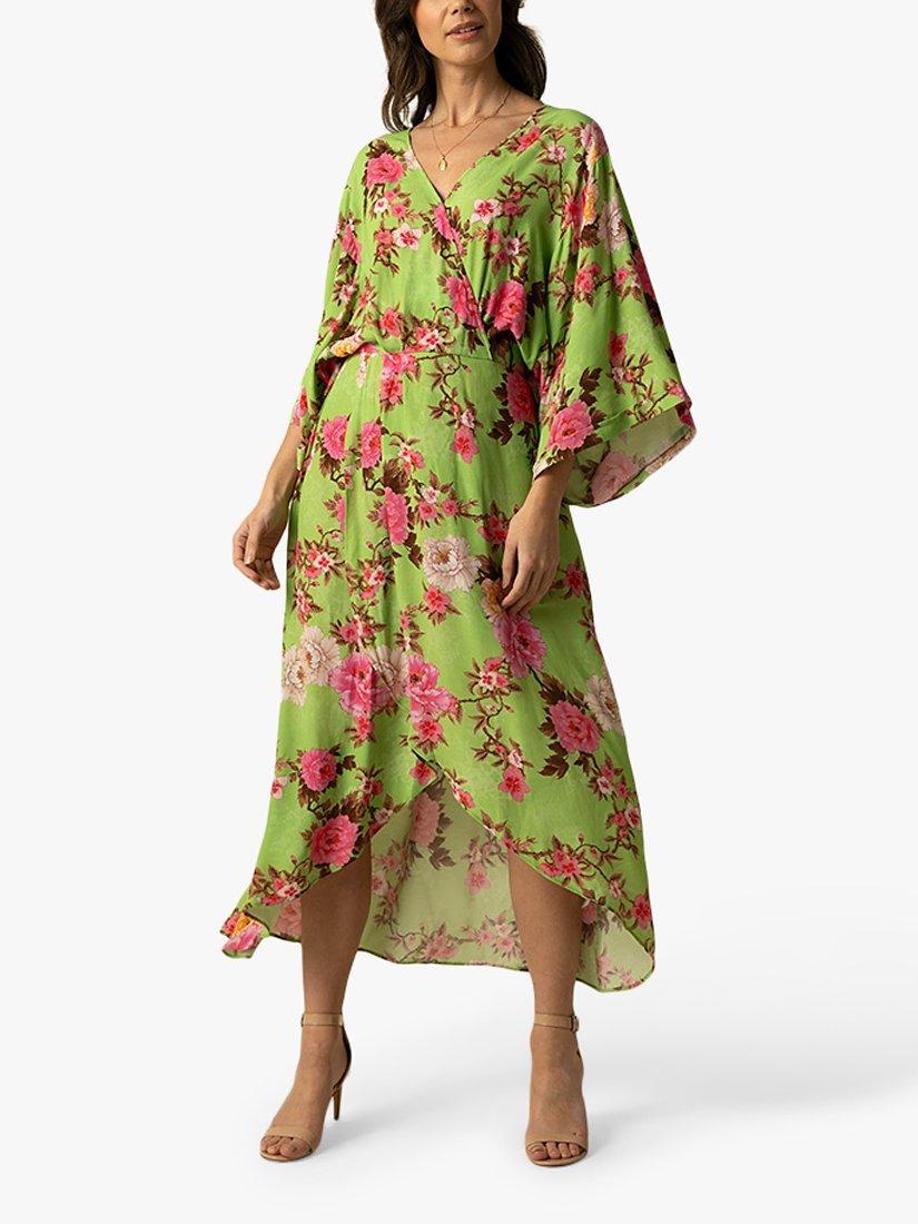 Raishma Alice Floral Midi Dress, Green/Pink, 8