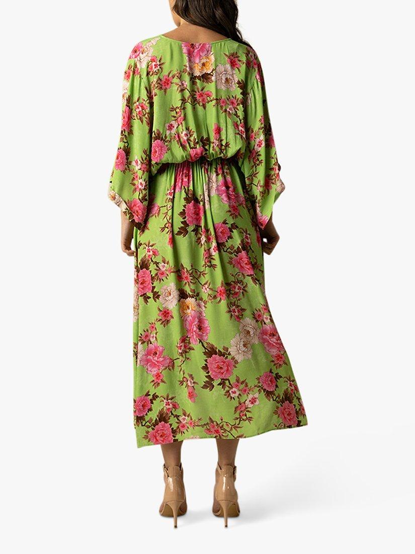 Raishma Alice Floral Midi Dress, Green/Pink, 8