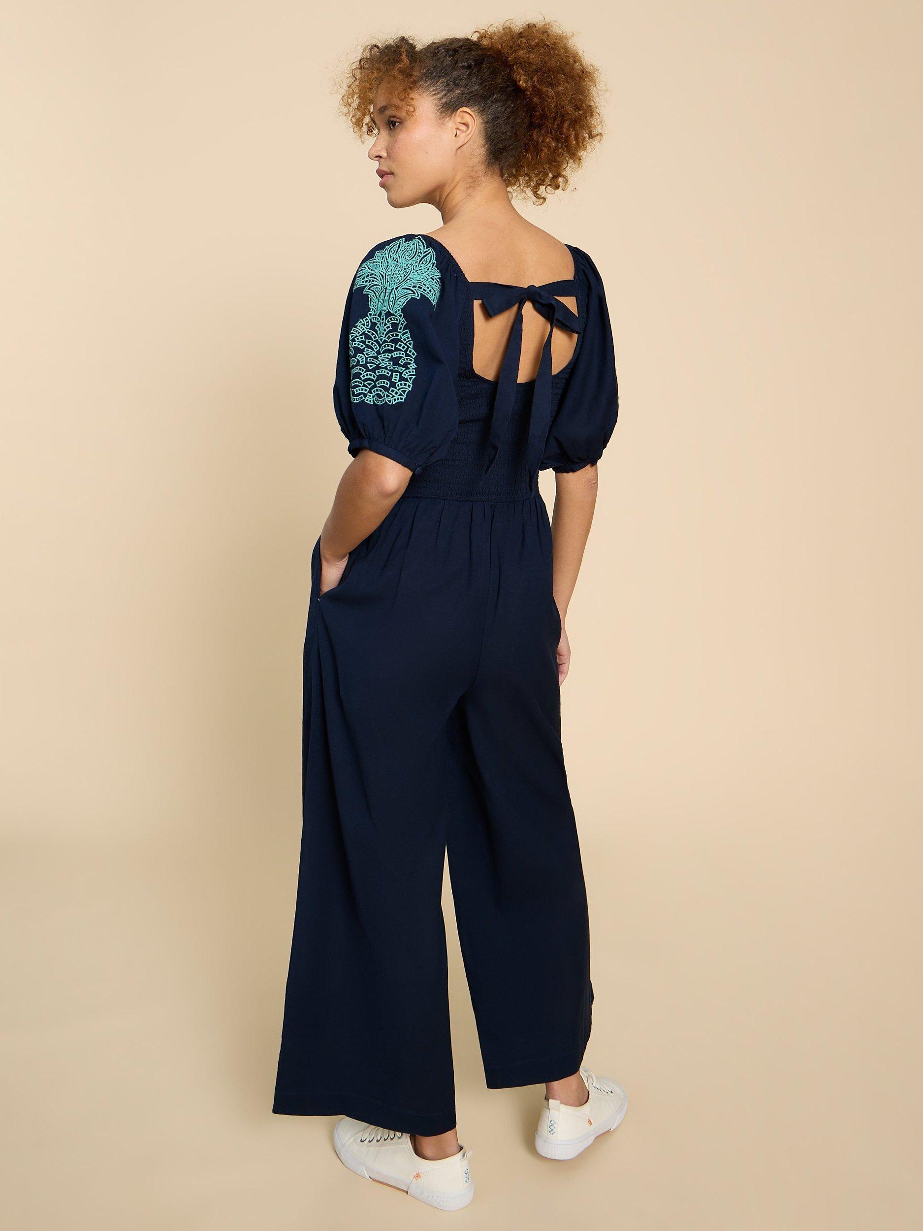 Product image 2 of 7, which shows White Stuff Reese Linen Blend Lace Trim Jumpsuit, Dark Navy, XS