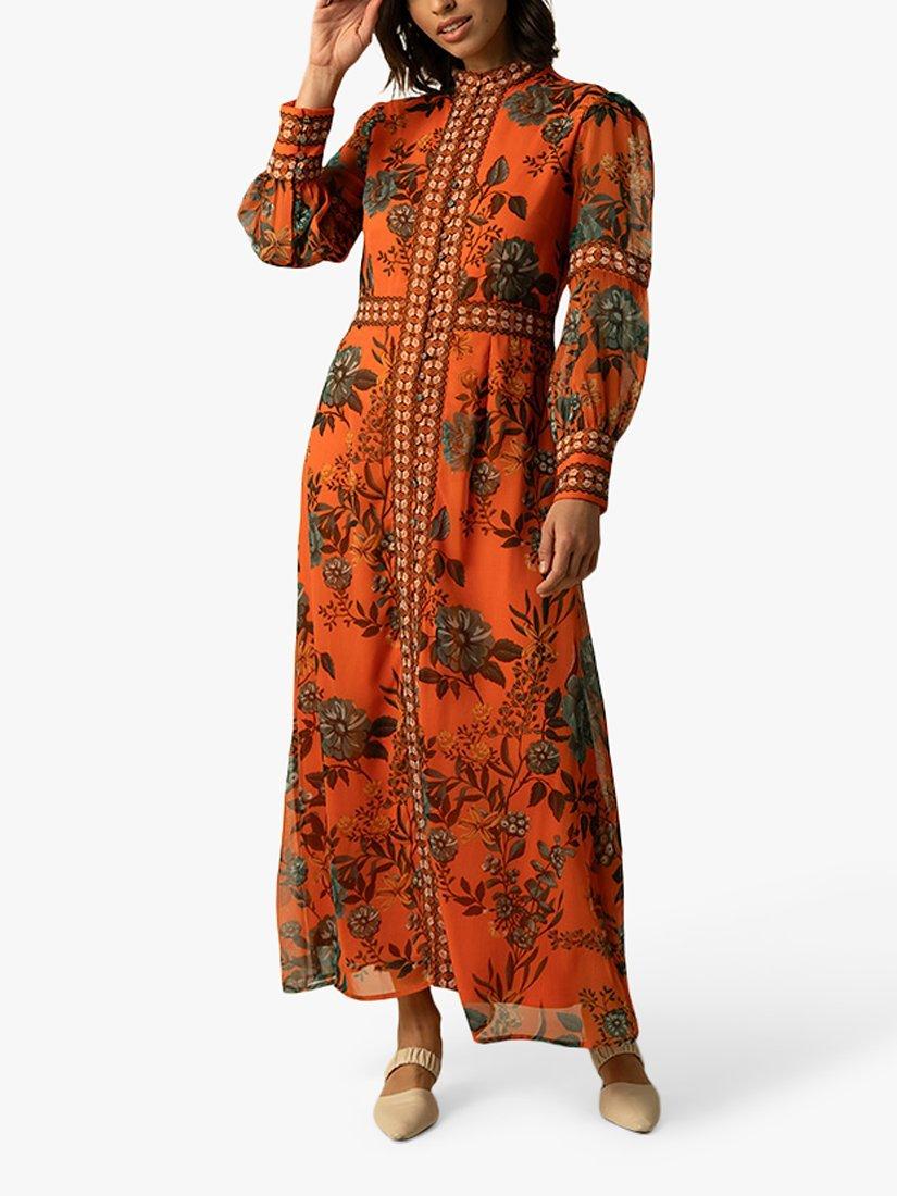 Product image 1 of 3, which shows Raishma Aspen Floral Bishop Sleeve Maxi Dress, Orange, 8