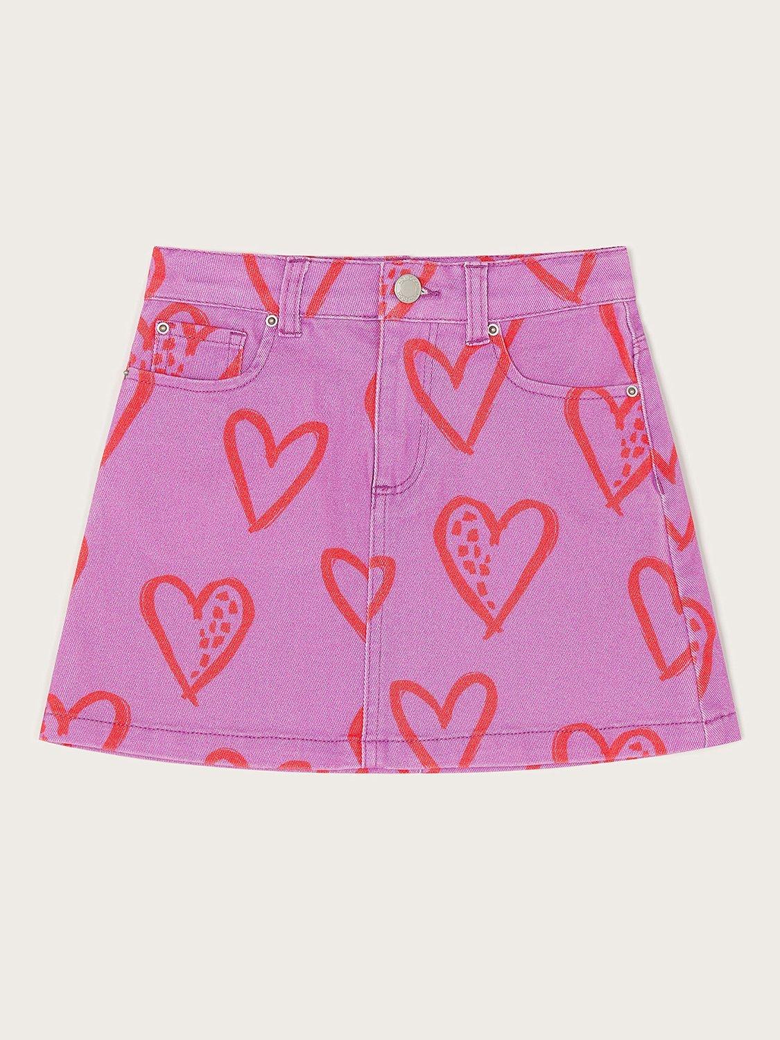 Monsoon Kids' Heart Print Denim Skirt, Lilac/Multi