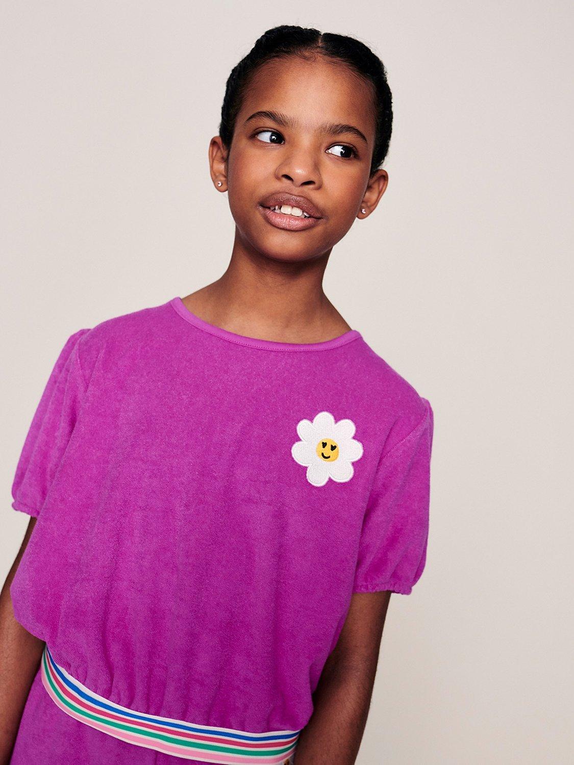Monsoon Kids' Towelling Cropped Puff Sleeve Top, Pink/Multi
