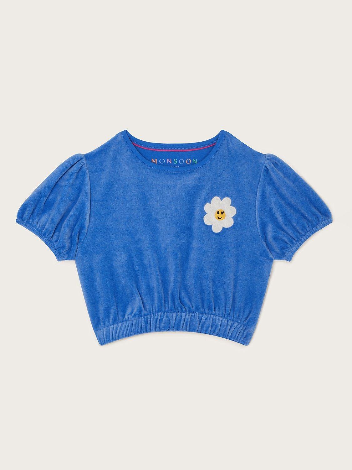 Monsoon Kids' Daisy Velour Puff Sleeve Top, Blue
