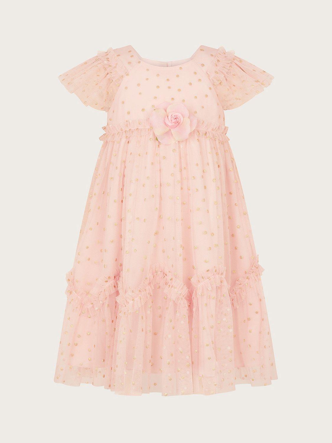 Monsoon Baby Issey Rose Motif Spot Ruffle Occasion Dress, Pale Pink