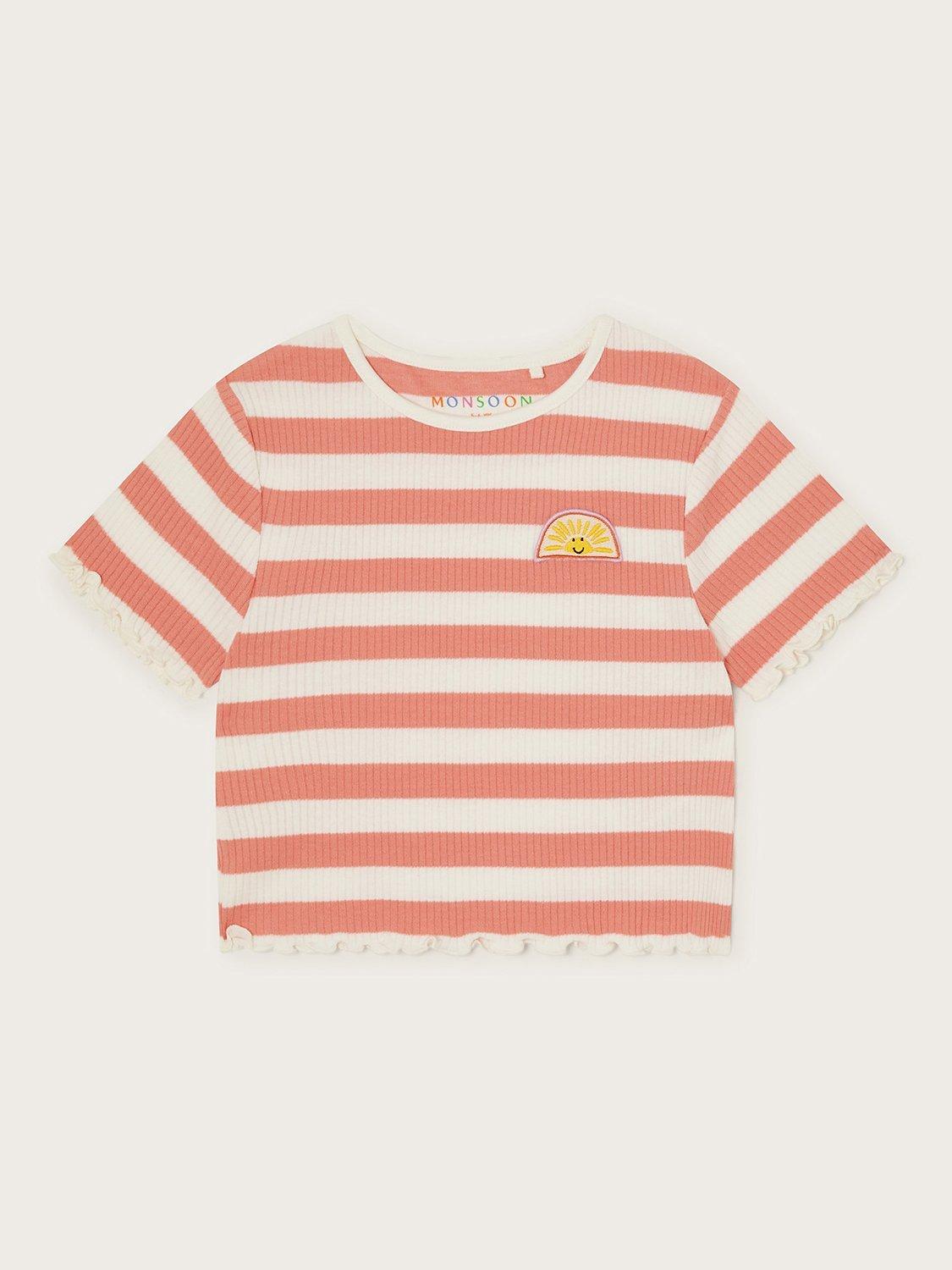 Monsoon Kids' Coral Rib Stripe Ruffle Hem Top, Orange